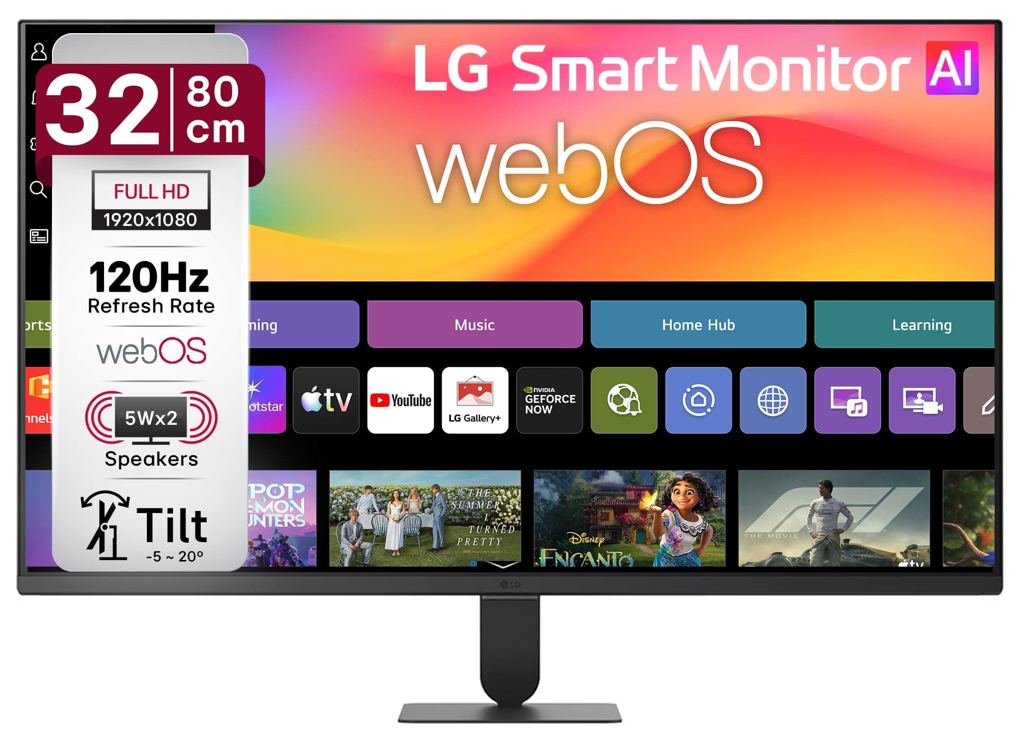 LG 32U501SB 80 cm (32 Inch) Full HD (1920x1080) Smart Monitor with webOS26, 120Hz, Wi-Fi, Bluetooth, Miracast, AirPlay, Speakers 5WX2, HDMI, USB-A, Sl...
