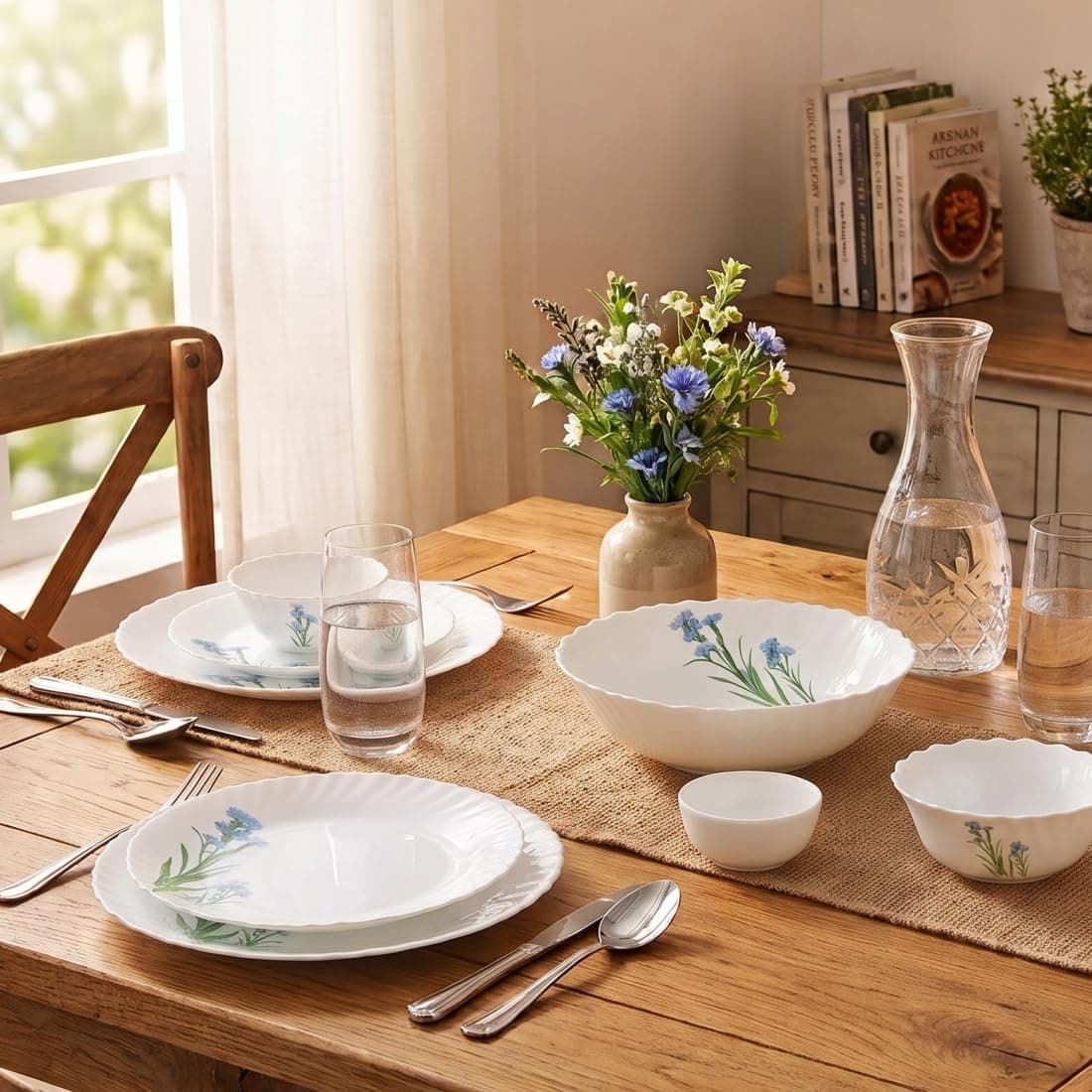 La Opala Novo Opalware Dinner Set, 10 Pcs for Family of 2, Blue Florets | Microwave & Dishwasher Safe, Bone-Ash Free, Plates