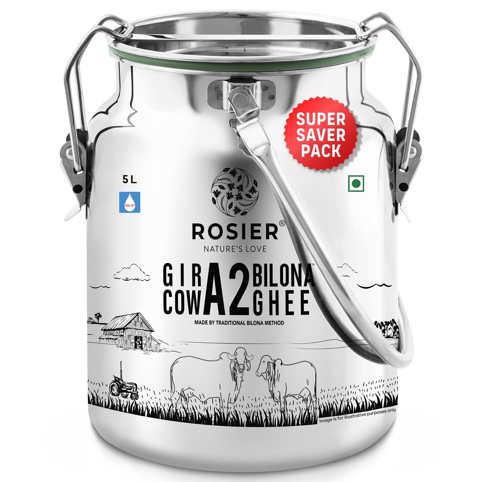 ROSIER A2 Gir Cow Ghee (5LTR) with Stainless Steel Dolchi | Traditional Bilona Method | Curd- Churned | Cultured |Pure Natural and Healthy Ghee (A2 Gh...