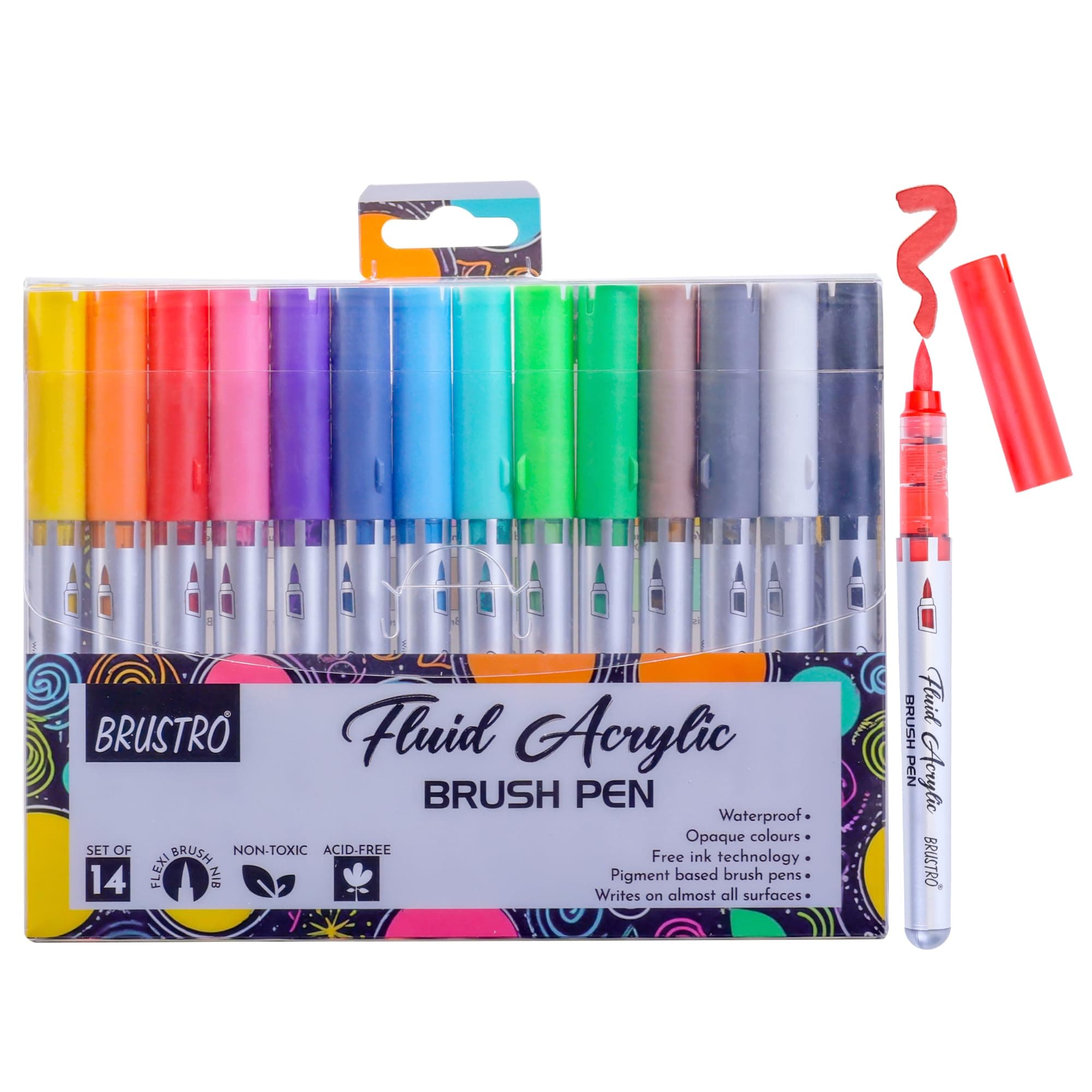 BRUSTRO Fluid Acrylic Brush Pen | Set of 14 | Waterproof, Fast Drying, Opaque Colors, Highly Pigmented | Ideal for Colouring, Drawing, Doodling, Marker, Professional Art & Craft
