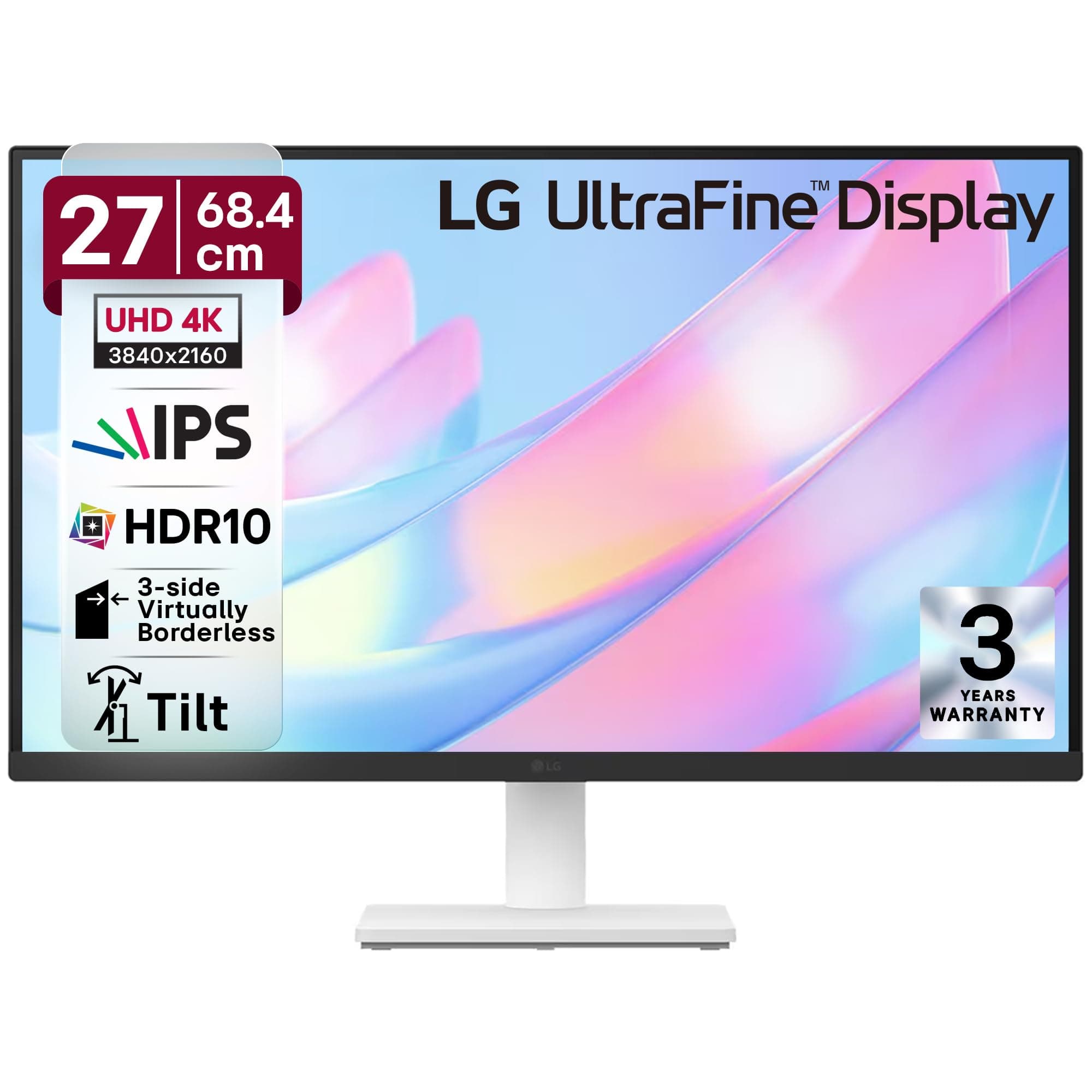 LG 27US500-W, 27 Inch Ultrafine Monitor, IPS, 4K UHD (3840x2160), 60Hz,HDR10 up to 90% DCI-P3 Color gamut, Borderless Design, Reader Mode, Flicker Saf...
