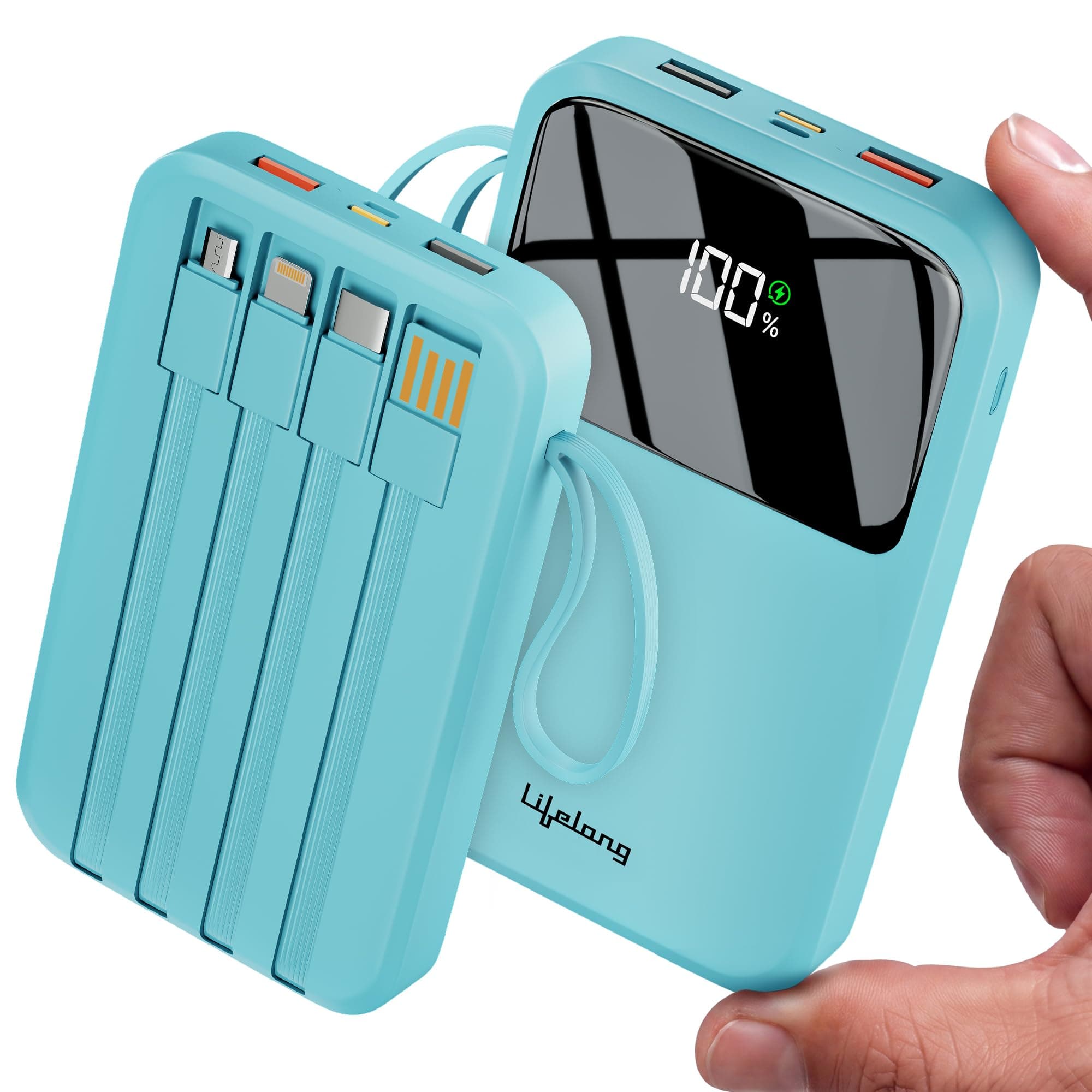 Lifelong Electronics 10000mAh 22.5W Fast Charging Power Bank | 4 Cables Attached – Type A + Type B + Type C + Lightning | for New & Old Devices | 4 Ports Available Too | Small Pocket Size Powerbank