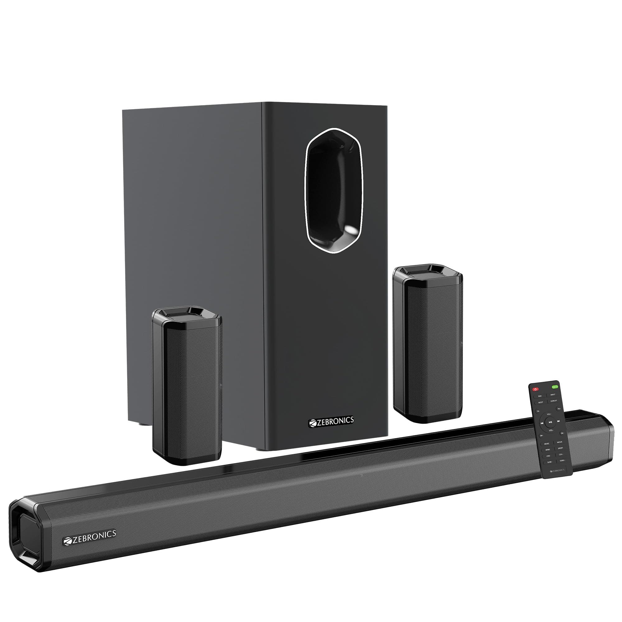 ZEBRONICS ZEB-JUKE BAR 7400 PRO 5.1 channel soundbar with 6.5” subwoofer, 180W RMS, Dual rear satellites, HDMI (ARC), Optical IN, AUX, BT v5.0, USB IN, Remote control,LED display and Wall mount(Black)