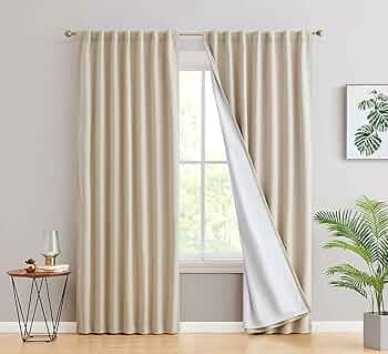 BFAM Store Thermal Insulated 100% Blackout Semi Sheer Curtains with White Liner,Double Layer Full Room Darkening Noise Reducing Rod Pocket Curtain-Pre...