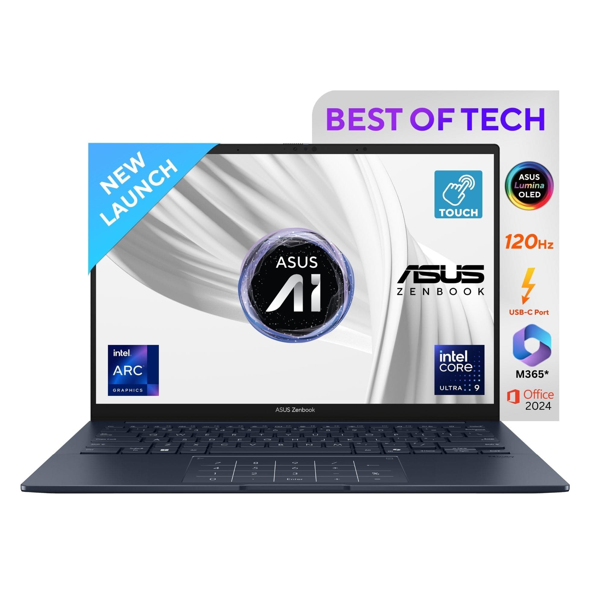 ASUS Zenbook 14, 14" 3K (2880 x 1800) OLED, Touch Screen, Intel Core Ultra 9,(32GB RAM/1 TB/Intel Arc iGPU/Windows 11/MS Office 365 Basic(1Year)*/Offi...