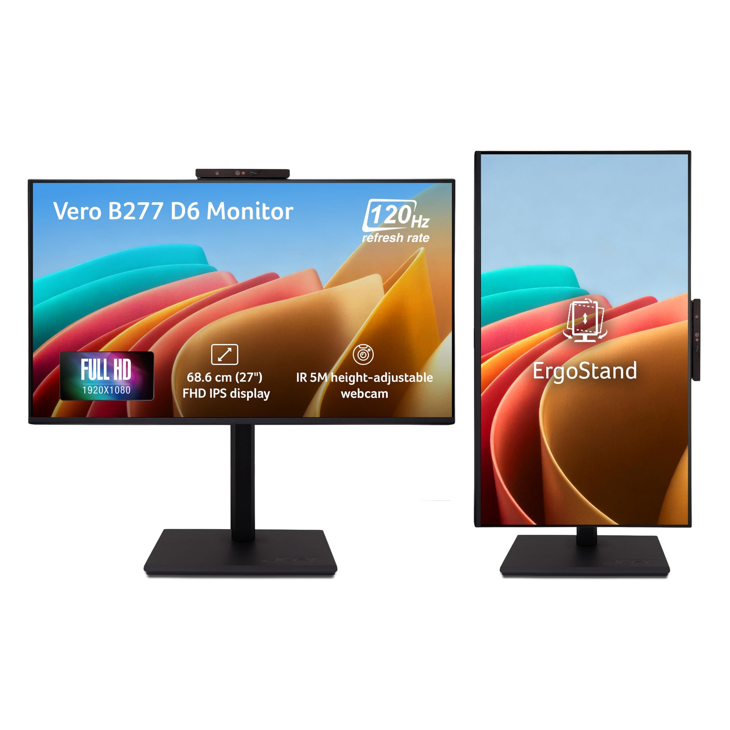 acer B277 D6 27 Inch IPS Full HD Backlit LED LCD Monitor I IR 5M Adjustable Webcam with Human Presence Detection, 120Hz, Height Adjustment and Pivot, ...