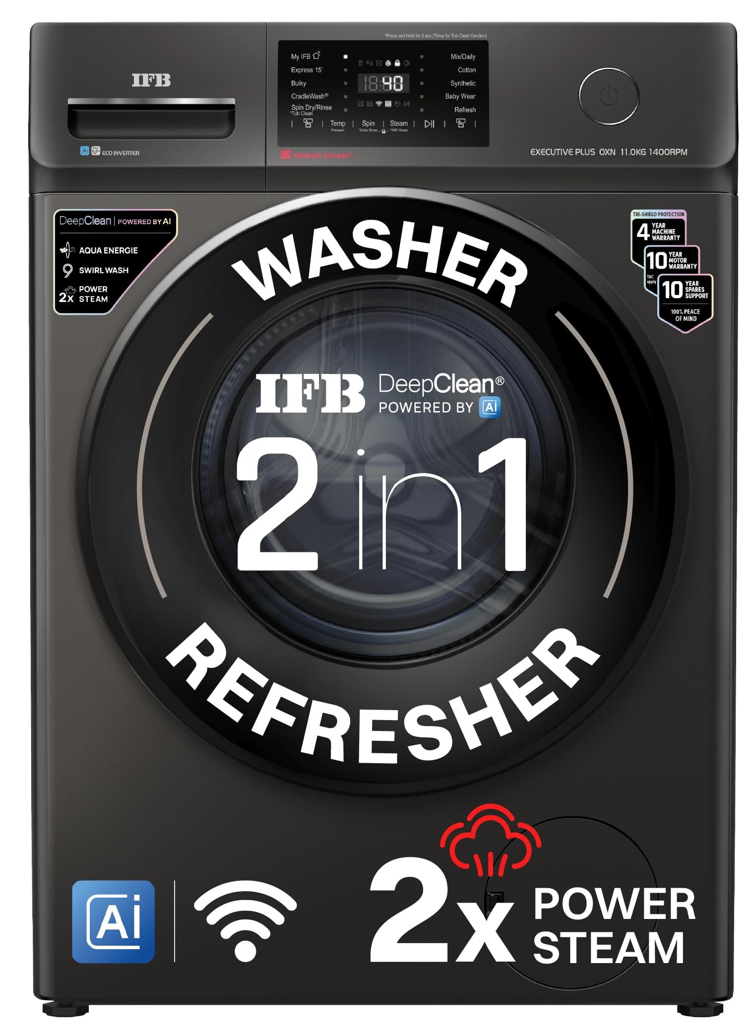 IFB 11 Kg 5 Star, DeepClean, AI Powered, WiFi, Fully Automatic Front Load Washing Machine (EXECUTIVE PLUS OXN 1114 CMS, PowerSteam, 9 Swirl, Steam Ref...