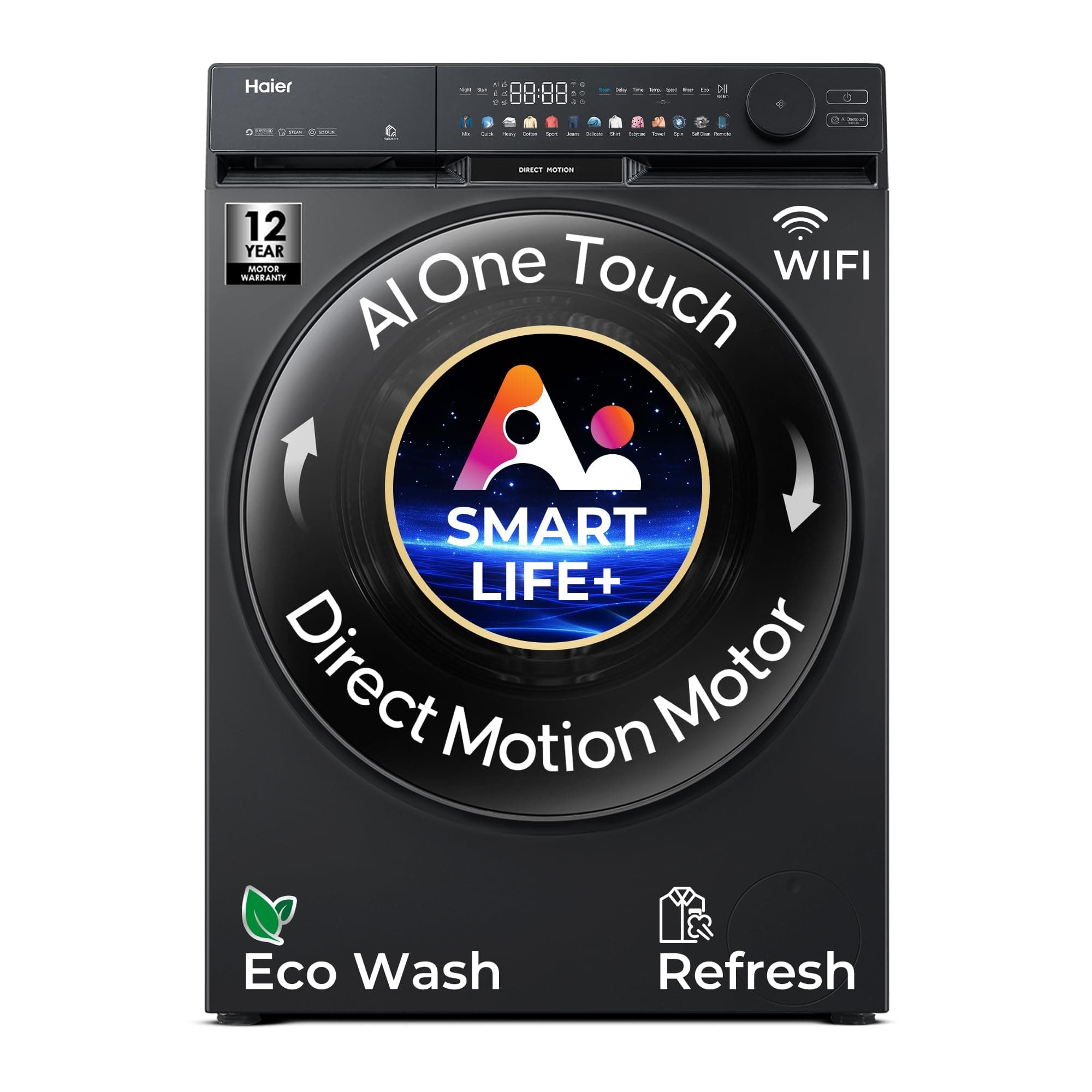 Haier 12 Kg AI Color Panel, One-Touch Smart Wash, Fabric Detection Fully Automatic Front Load Washing Machine with In-Built Heater,WI-FI, Black (HW120...