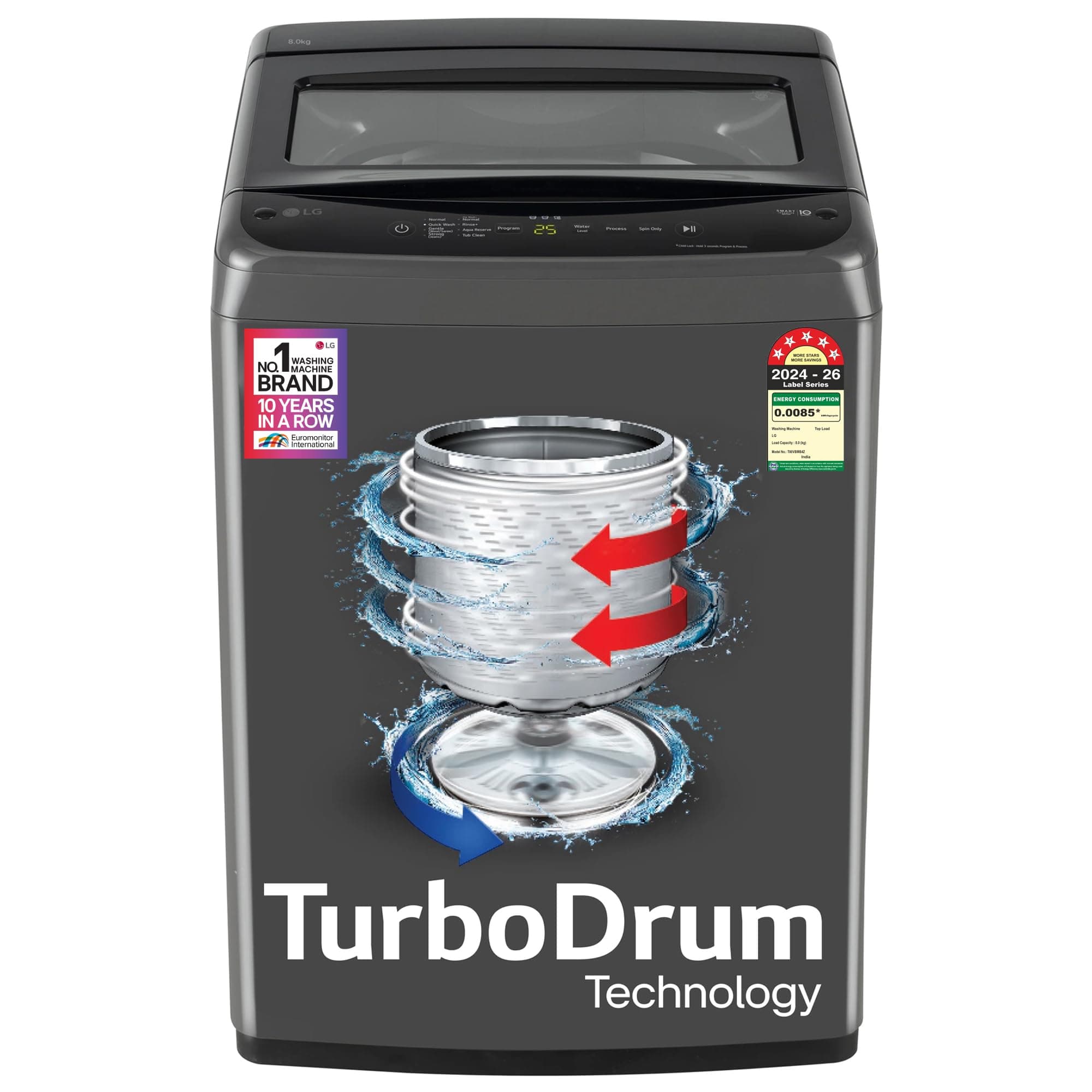 LG 8 Kg 5 Star Smart Inverter Technology Fully Automatic Top Load Washing Machine (2025 Model, T80VBMB4Z, Turbodrum, Auto Prewash, Stainless Steel dru...