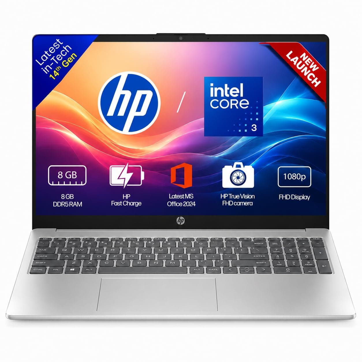 HP 15, 14th Gen Intel Core 3-100U, 8GB DDR4, 512GB SSD, Anti-Glare, Micro-Edge, 15.6-inch(39.6cm) FHD Laptop, Intel Graphics, 1080p FHD Camera, Backli...