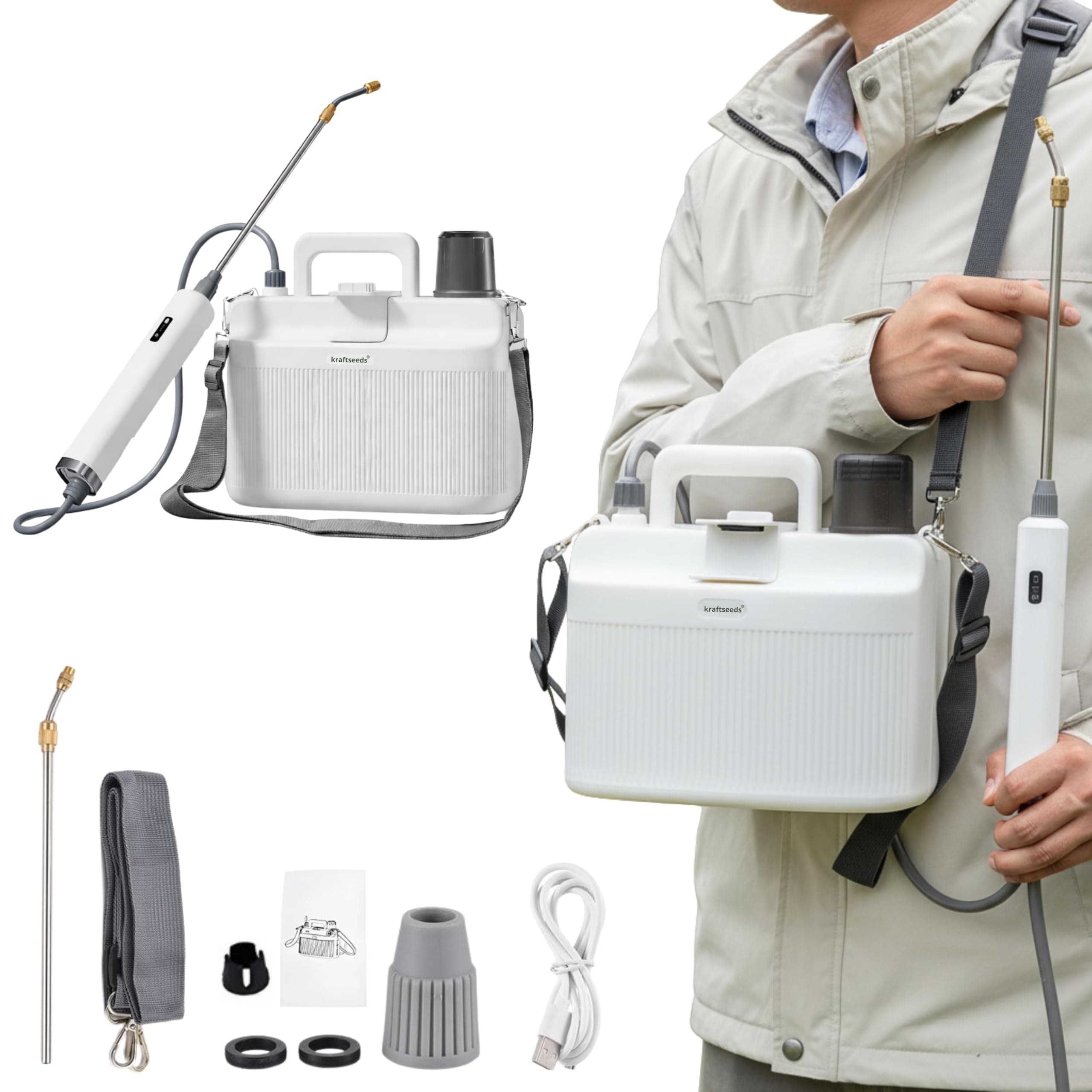 Kraft Seeds 5L Electric Garden Sprayer for Plants, USB-C Rechargeable Spray Bottle with 3.7V Battery, 120-180 Min Runtime, Adjustable Nozzle, Water Sp...