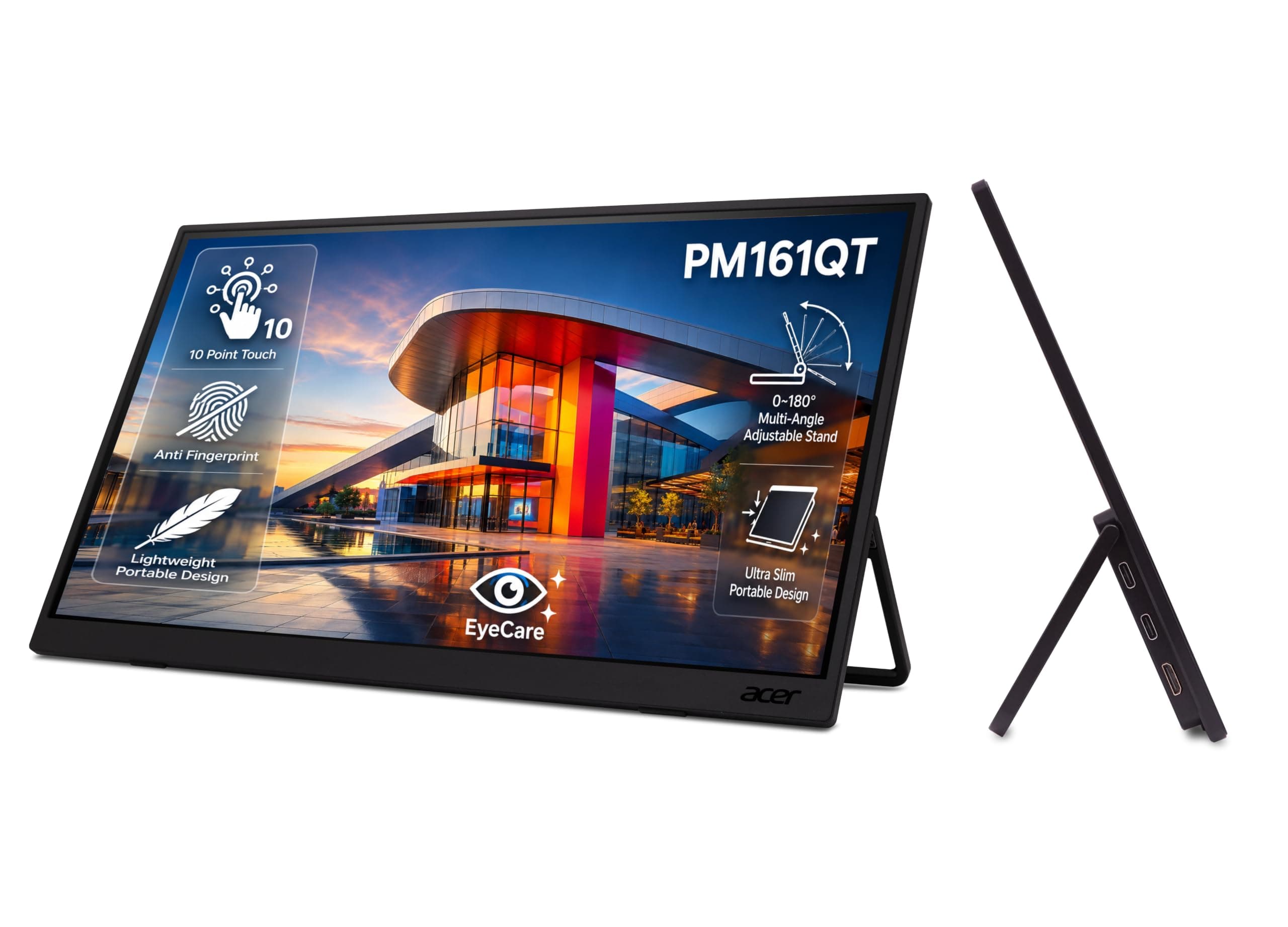 Acer PM161QT 15.6 Inch Full HD IPS Portable Touch Monitor | 10-Point Multi-Touch | USB Type-C & Mini HDMI | Anti-Fingerprint Screen | Built-in Speaker...