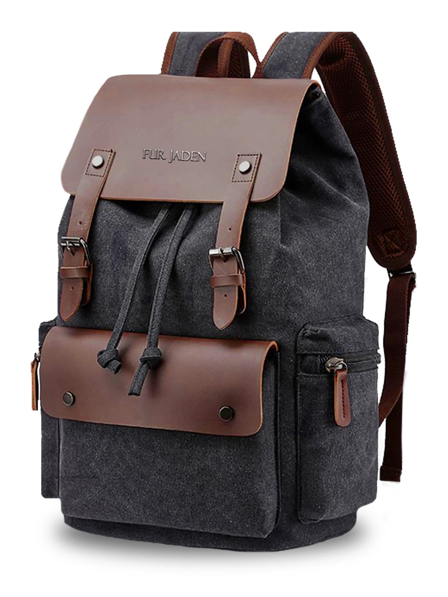 FUR JADEN Eco Friendly Travel Laptop Backpack Made of Water Resistant Sustainable Canvas and Vegan Leather for Men and Women for Travel Hiking Work