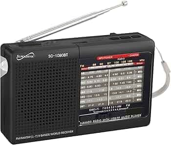SuperSonic SC-1080BT 9-Band Bluetooth Enabled Radio - AM/FM Channels, Rechargeable Battery - Black
