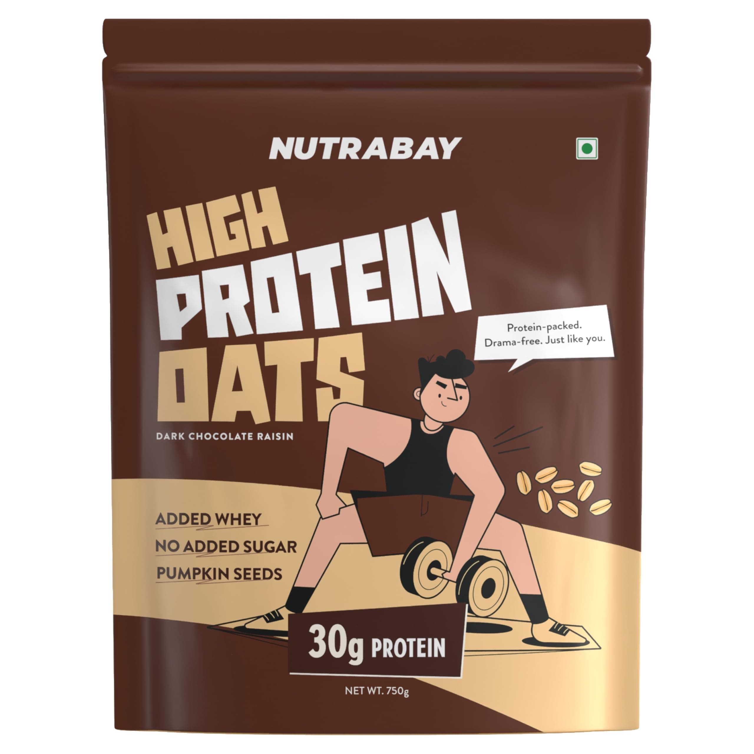 Nutrabay High Protein Oats - 750g, Dark Chocolate Raisin | 30g Highest Protein Oats Ever with Whey Protein Concentrate & Pea Protein Isolate | Zero Ad...