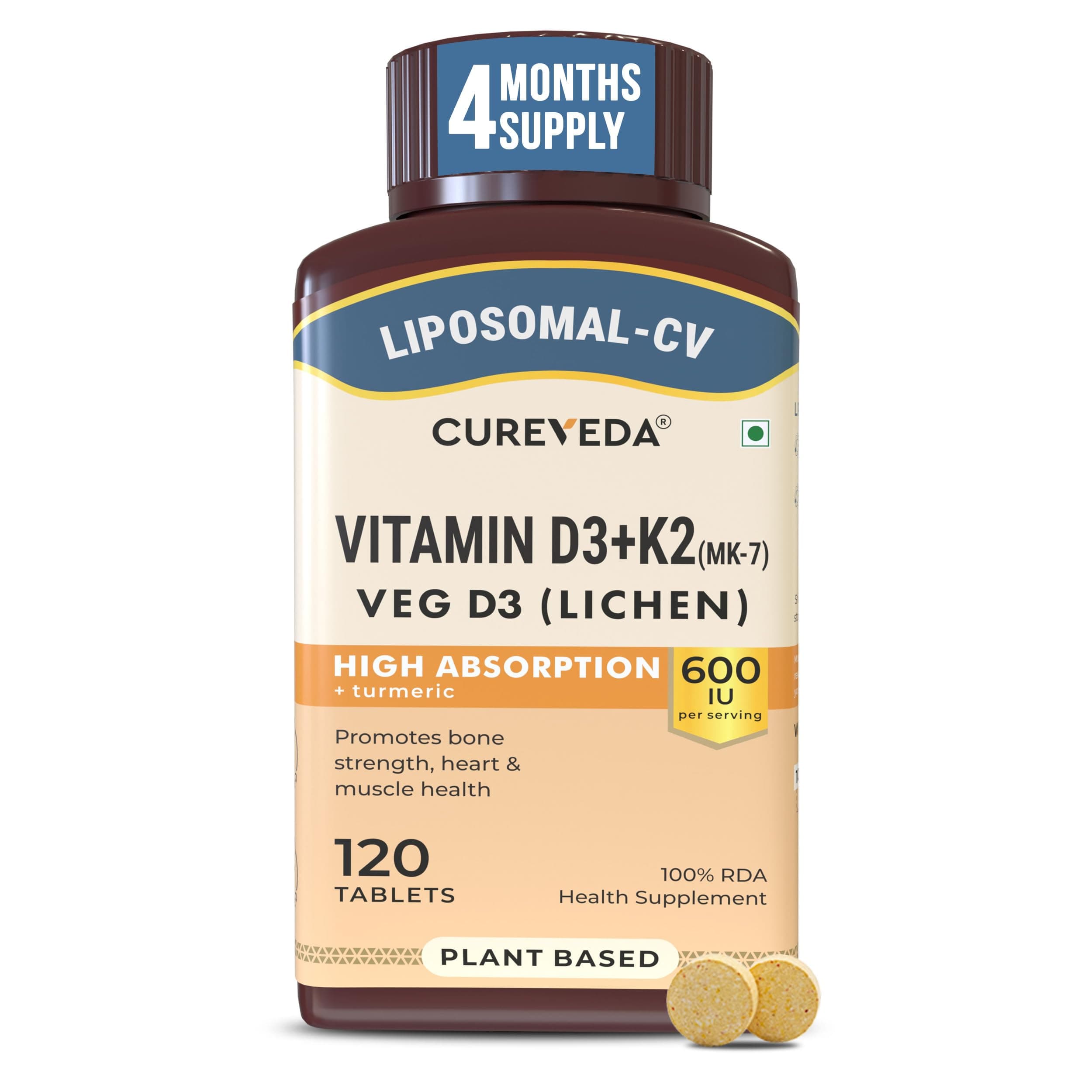 Cureveda Liposomal Vitamin D3 600 IU + Vitamin K2-7 & Turmeric | High Absorption Bone & Heart Support | Promotes Muscle Health & Immunity | 120 Tablet...