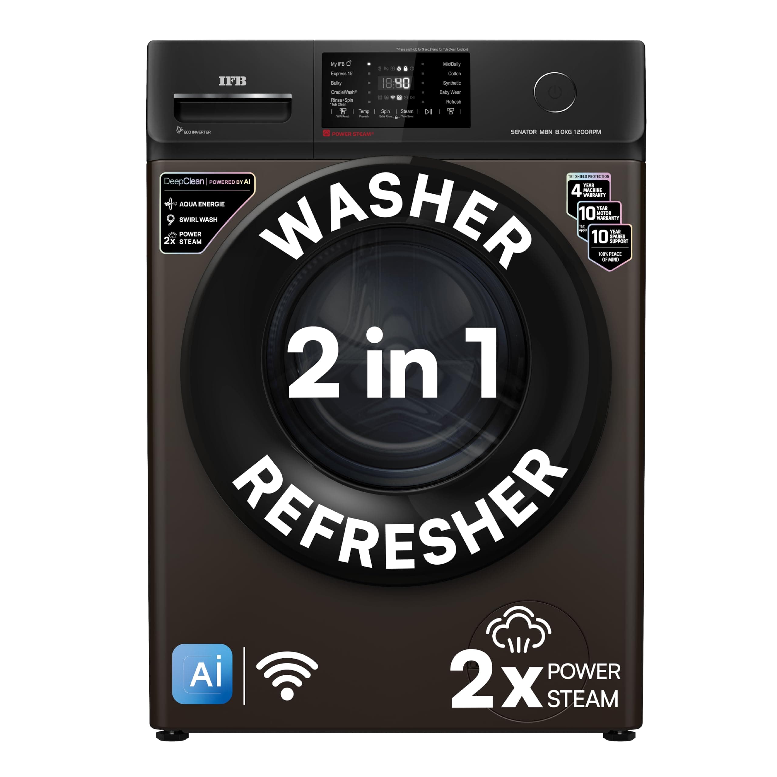 IFB 8 Kg 5 Star Powered by AI with 9 Swirl Wash, Wi-Fi, Fully Automatic Front Load Washing Machine (Senator MBN 8012, Steam Refresh Program with Eco I...