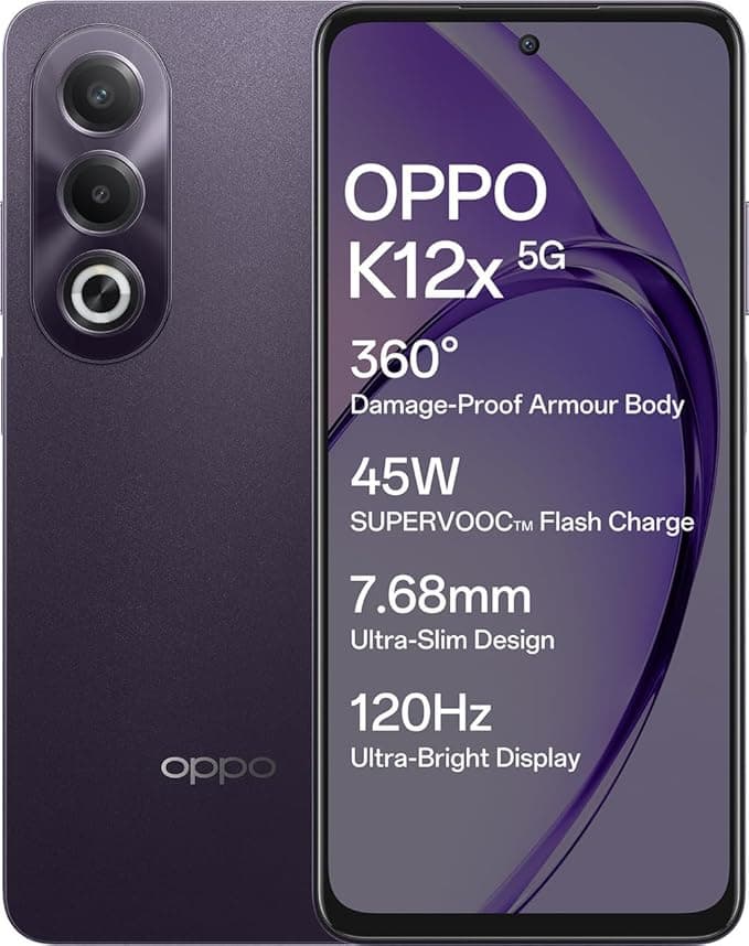 Oppo K12x 5G Smartphone (8GB RAM + 256GB Storage) | 16.94cm LCD Display, 5100mAh Battery | 45W SUPERVOOC Flash Charge | 360° Damage-Proof Armour Body | Charger in The Box (Midnight Violet)