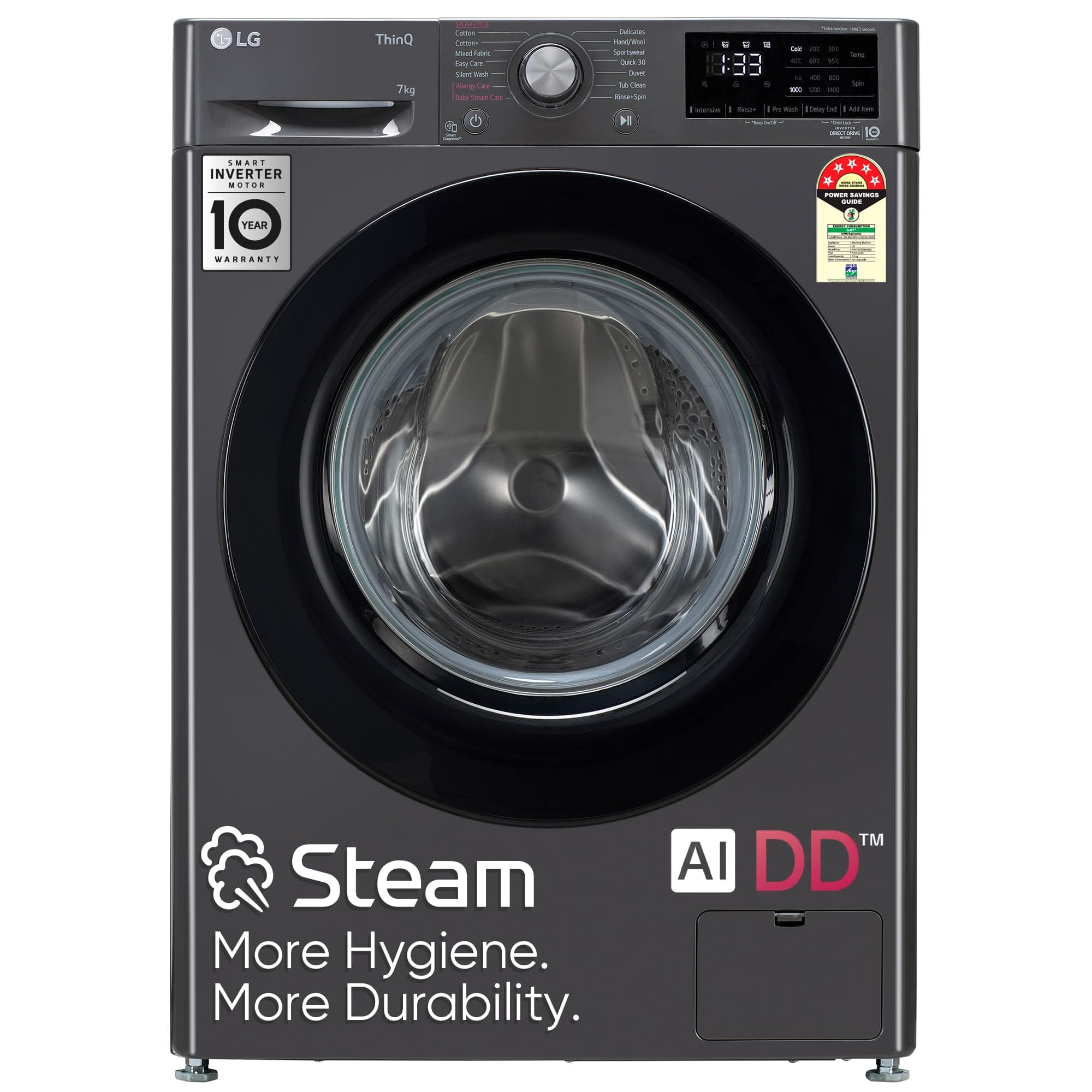 LG 7 Kg 5 Star Inverter Fully-Automatic Front Loading Washing Machine with Inbuilt heater (FHV1207Z2M, Middle Black with Black Door, AI DD Technology & Steam for Hygiene)