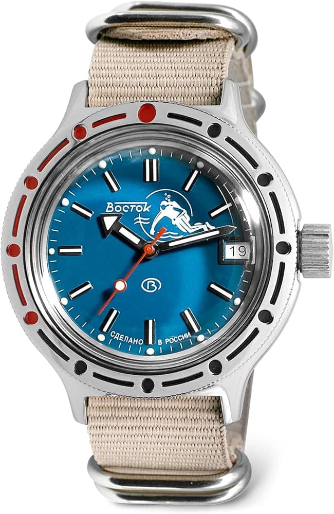 VOSTOK | Scuba Dude Amphibian Automatic Self-Winding 40mm Diver Wrist Watch | WR 200m | Amphibia 420059 | Blue Dial Mechanical Watch | Luminous dots