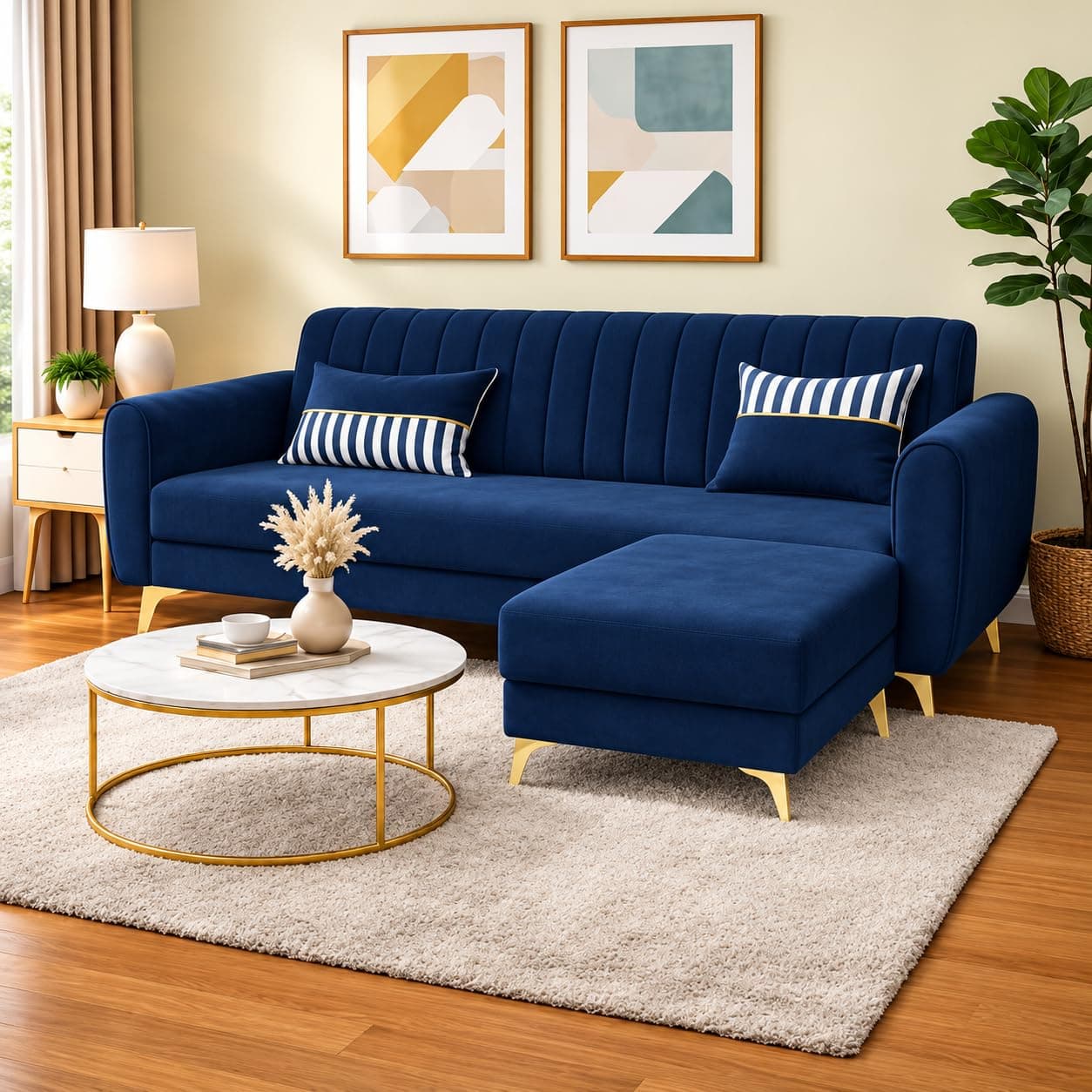 Adorn India Premium Luster 4 Seater L Shape Sofa Set | Velvet Suede Fabric | 3-Year Warranty | Color Blue with Golden Legs & Striped Pattern Cushion