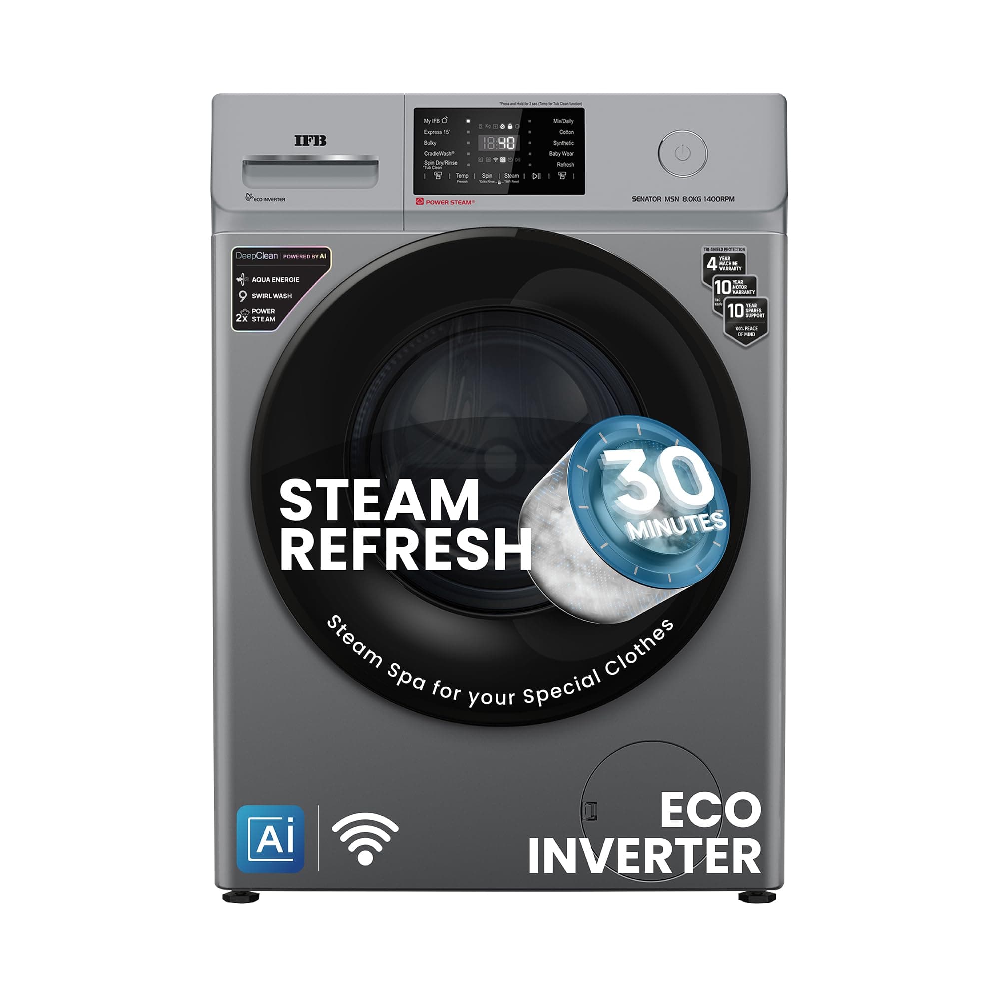 IFB 8 Kg 5 Star with 9 Swirl Wash, AI Powered, Wi-Fi, Fully Automatic Front Load Washing Machine (Senator MSN 8014, Steam Refresh Program with Eco Inv...