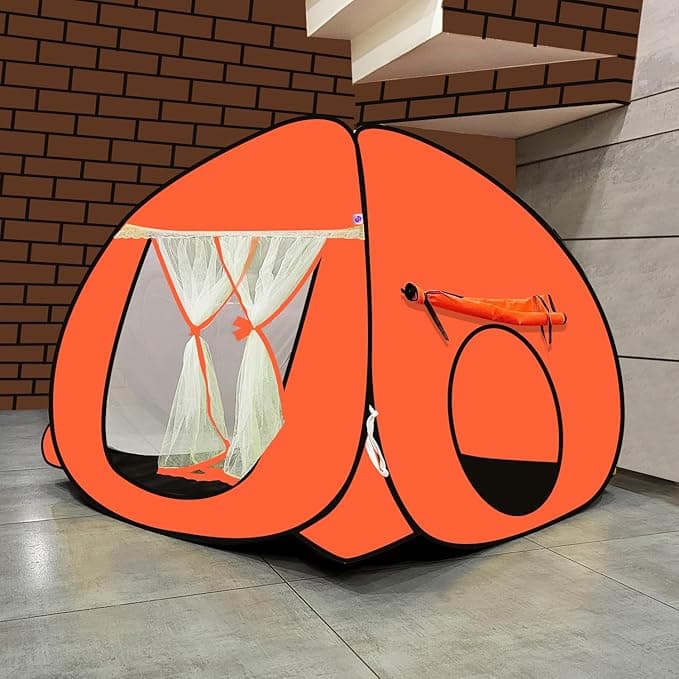 SILVER SHINE Foldable Kids Play Tent House | Pop-Up Playhouse for Boys & Girls (Up to 10 Years) | Multi-Purpose Indoor & Outdoor Tent with Mosquito Net | Fun Orange Theme – Easy Setup & Portable