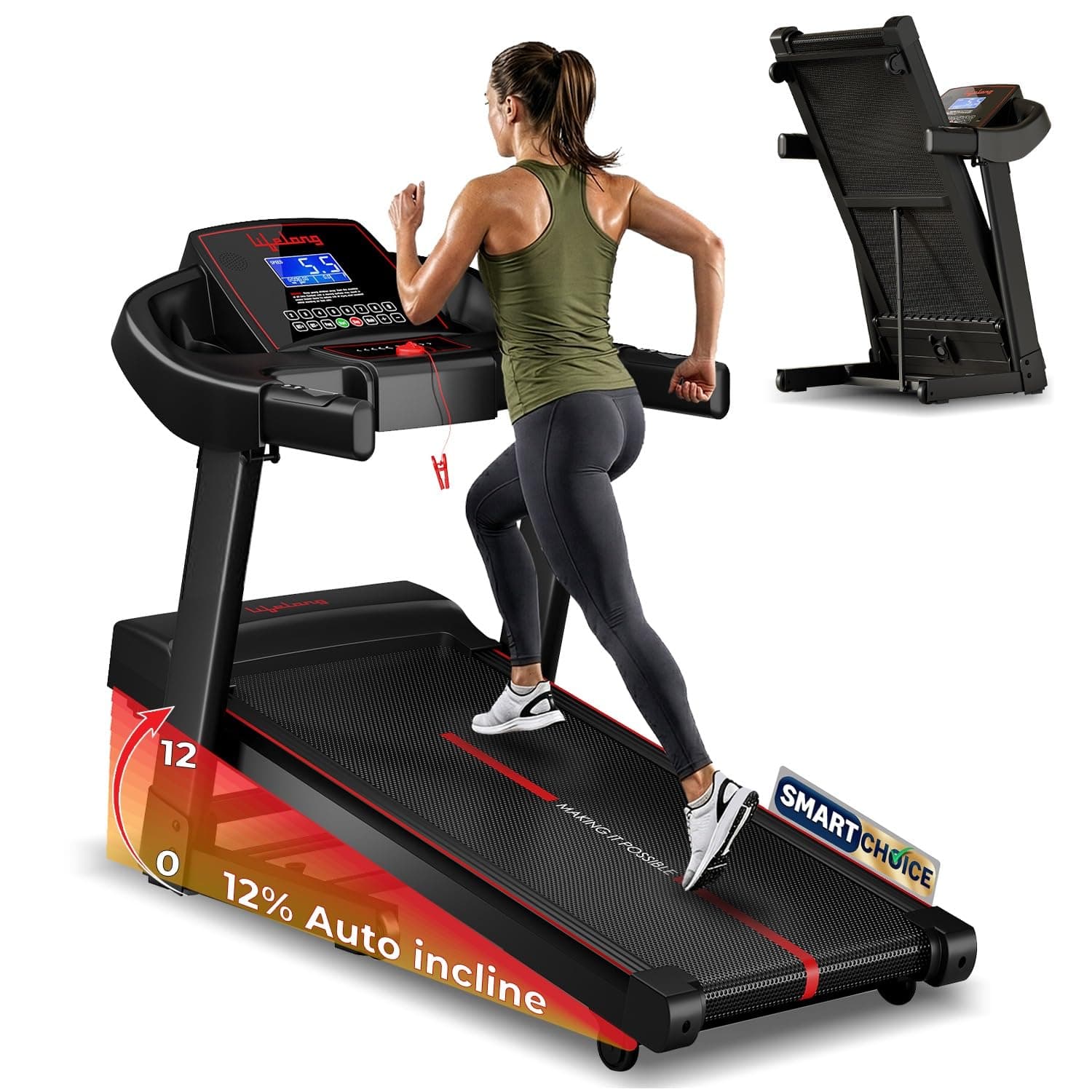 Lifelong 5HP Peak Motorized Treadmill for Home | 12% Auto Incline | 12 Preset Programs | 14 km/h Speed | 110 kg Capacity | LCD Display| Hydraulic Fold...