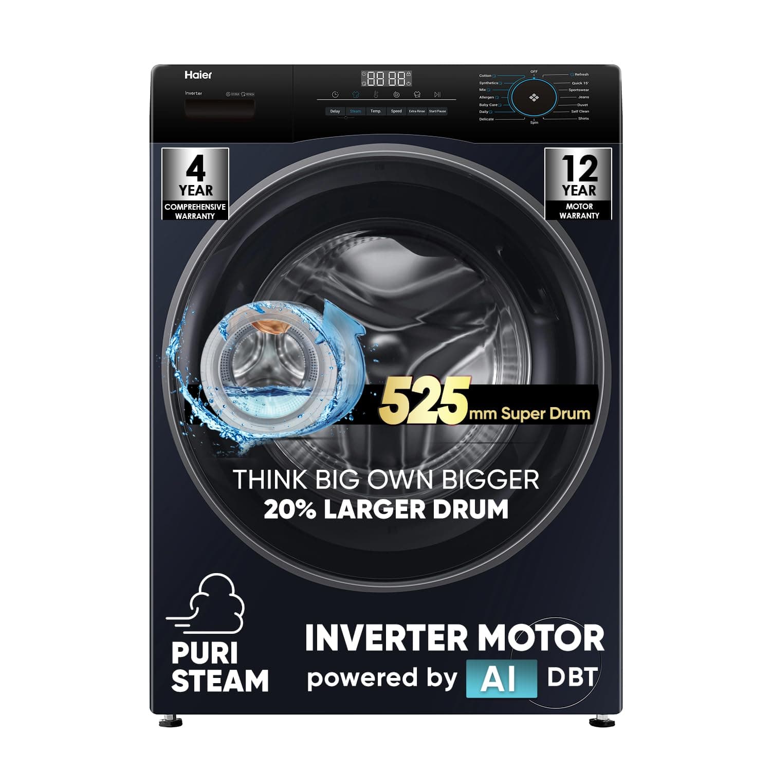 Haier 7 Kg Frontload with 525 Super drum, Refresh, AI DBT and 5 Star rating (HM70-IM12929BK)