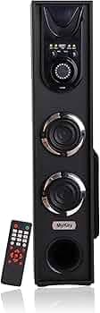 MyKey TS-Z601 60W Bluetooth Tower Speaker Wooden Cabinet, 5.25" Subwoofer, 3.0" Speaker, LED Display+Light, USB, FM, Full Control Remote with BT & Wir...