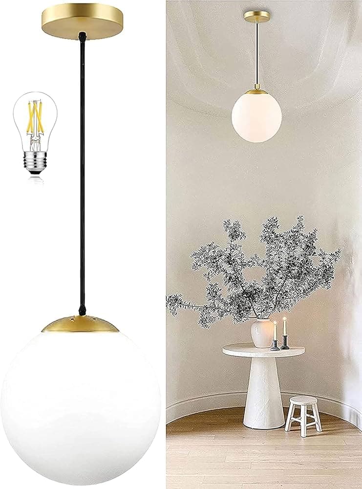 VRCT Modern Globe Pendant Light White Glass with Brass Finish Contemporary Mid Century Adjustable Hanging Light Fixture for Living Room Bedroom Bathro...