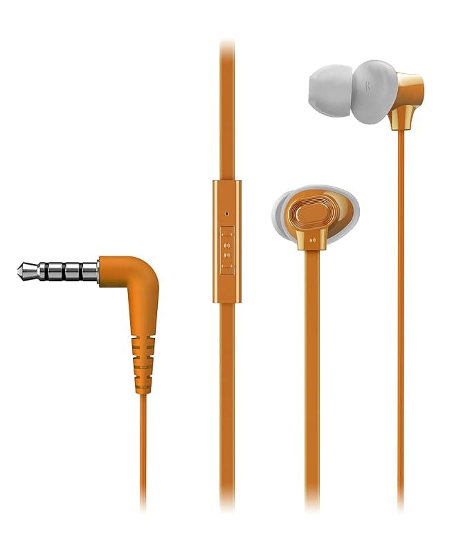 Panasonic Extra Bass in-Ear Wired Earphone with Tangle Free Flat Cable, No-Fall Double Hold in-Ear Design, in Line Remote with Mic (RP-TCM130GEY, Yell