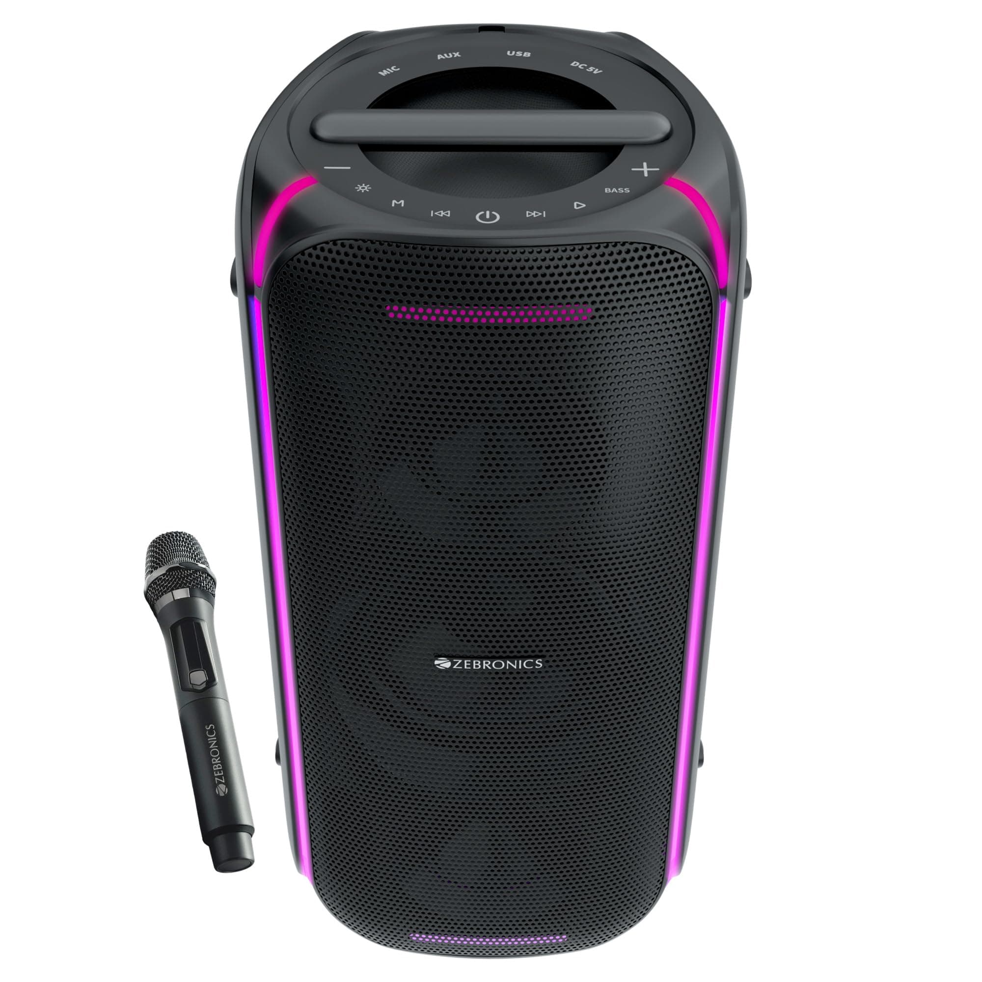 Zebronics Portable Bluetooth Speaker, 90W, Upto 6 Hours Playback, Dual Full-Range Drivers, Karaoke, TWS, BT v5.3, USB, AUX, RGB, Deep Bass, Wireless M...