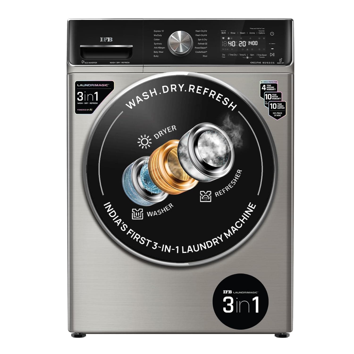 IFB Laundrimagic 3-in-1 8.5 Kg/6.5 Kg/2.5 Kg Inverter Washer Dryer Refresh (EXECUTIVE ZXV, Silver)