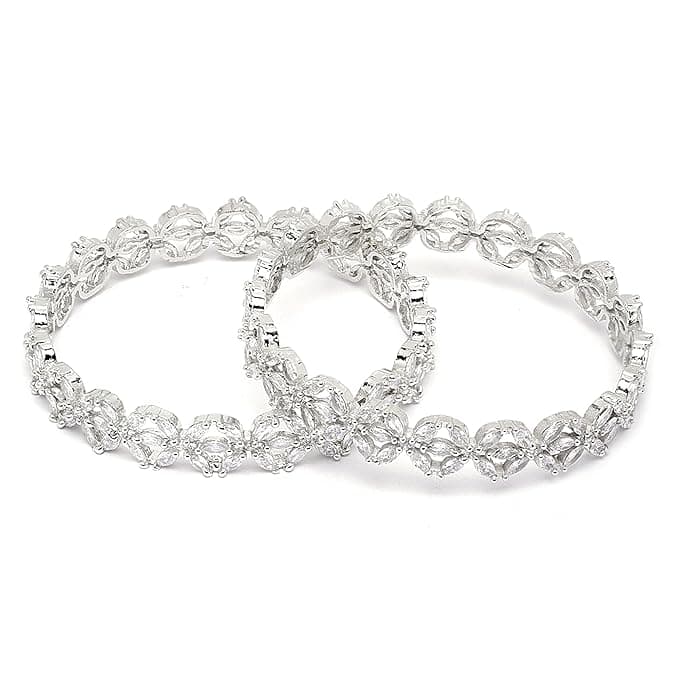 ZENEME Rhodium-Plated Silver Toned White Floral American Diamond Studded Bangles Jewellery Set for Girls and Women (Set of 2) (2.4, Silver)