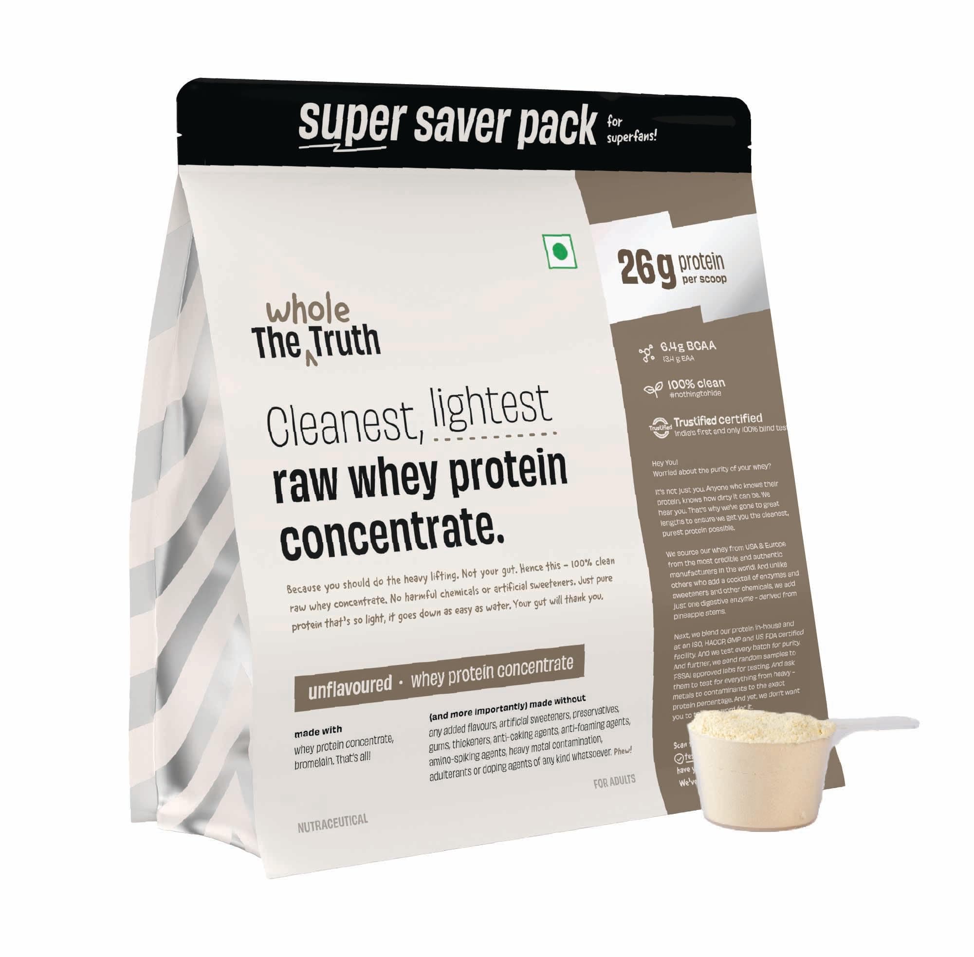 The Whole Truth Whey Protein Concentrate Unflavoured | 2 kg (4.4 lbs) | 26g Protein per scoop | 6.4g BCAA | 100% Authentic Whey & No Adulteration | Cl...