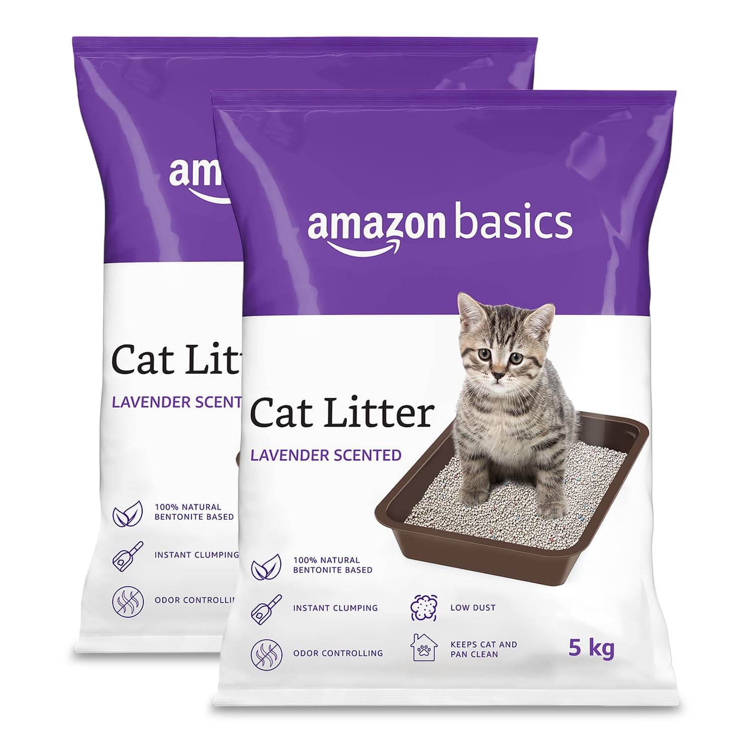 Amazon Basics Scoopable Smart White Bentonite Cat Litter | Lavender Fragrance | Scented Cat Litter | 5Kg - Pack of 2