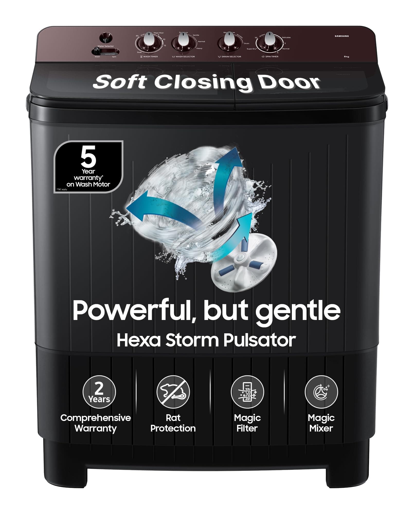 Samsung 8 kg, 5 Star, Soft Closing Door, Hexa Strom Pulsator, Semi-Automatic Top Load Washing Machine (WT80F4560RD/TL, Light Gray, 5 Year Warranty on ...