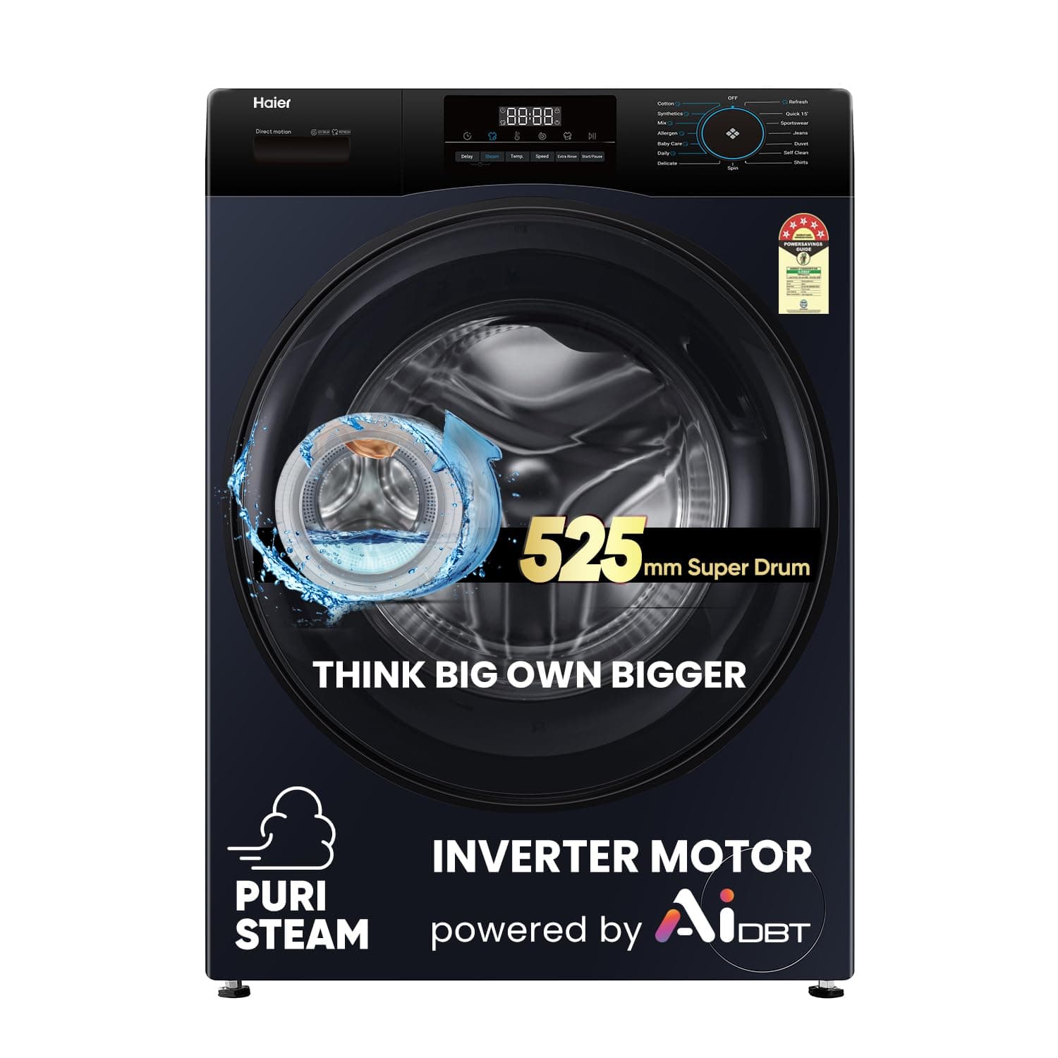 Haier 8 Kg 5 Star Fully Automatic Front Load Washing Machine (EFL80-IM12IBIEBK, Puristeam, Refresh, 1400 RPM, Inverter, 525mm Super Drum, Anti Bacteri...
