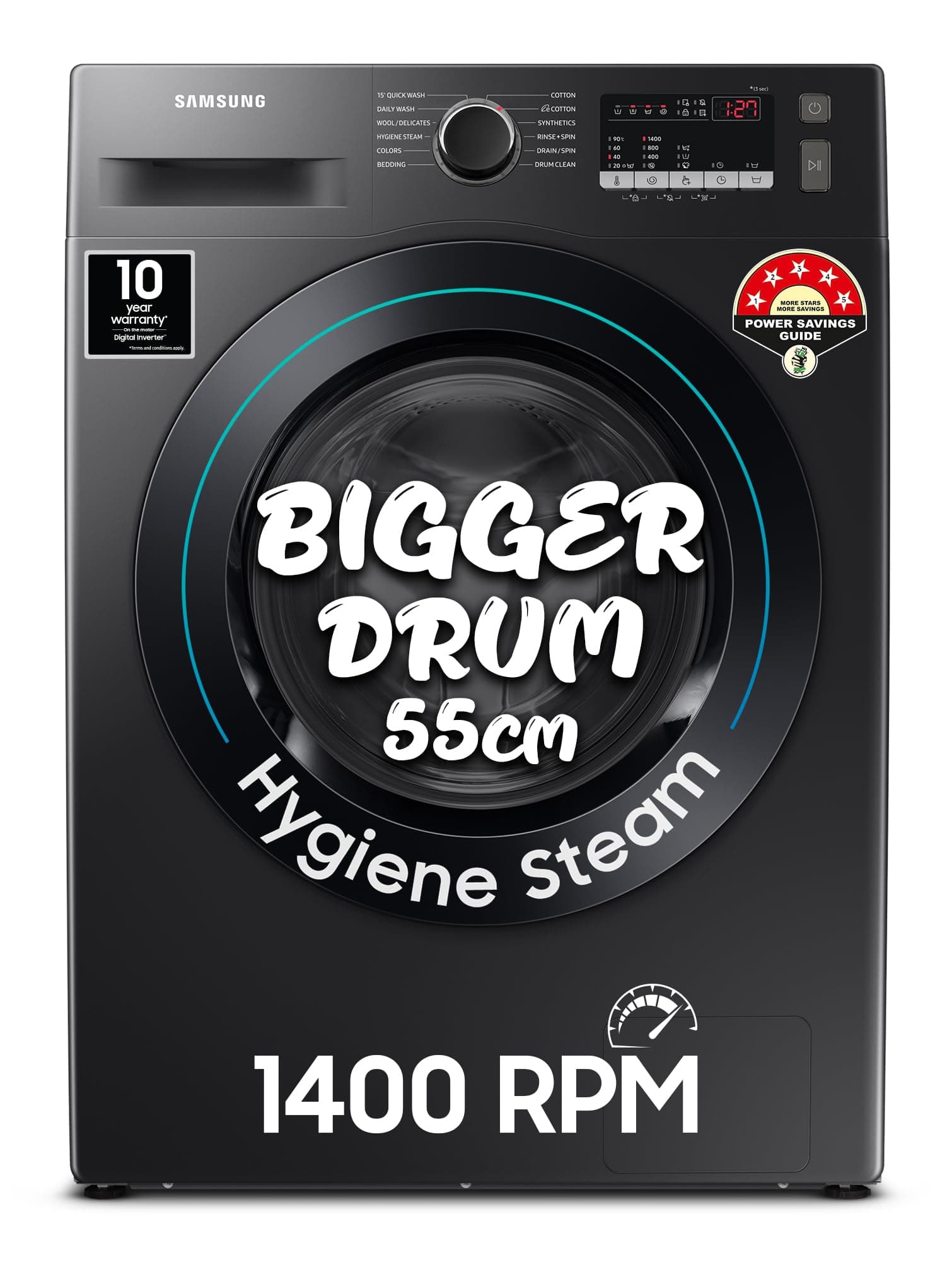 Samsung 9 kg, Hygiene Steam with Inbuilt Heater, Digital Inverter, Fully-Automatic Front Load Washing Machine (WW90T4040CB1TL, Black)