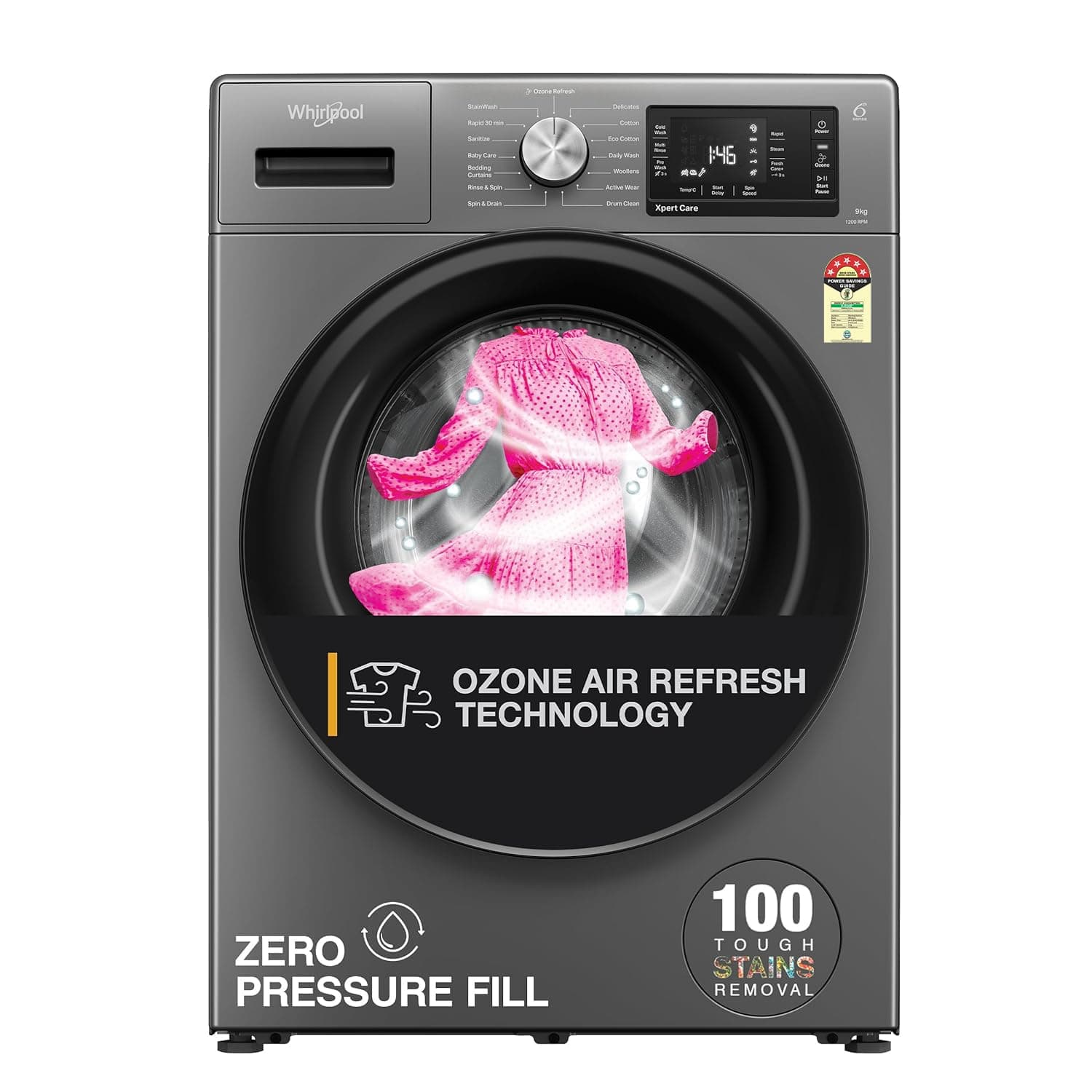 Whirlpool 8 Kg Ozone Technology Inverter Front Load Washing Machine with In-Built Heater (XO8014BYM52E, Midnight Grey, 100+ Tough Stains, 1400 RPM, 20...