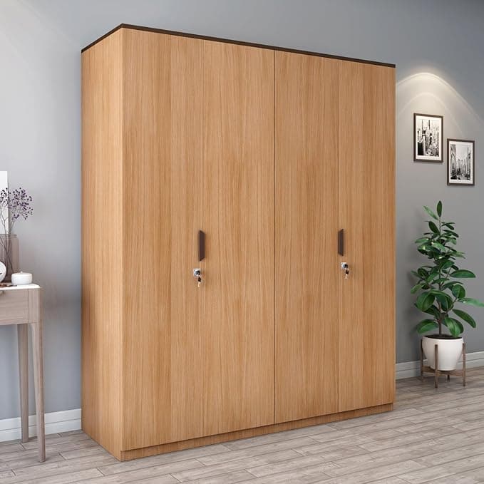 Nilkamal Milford Neo 4 Door Wooden Wardrobe Without Mirror for Bedroom | Almirah with 2 Hanging Rods, 2 Lockable Drawers & 6 Shelves | Clothes Cupboard | Engineered Wood | Urban Teak