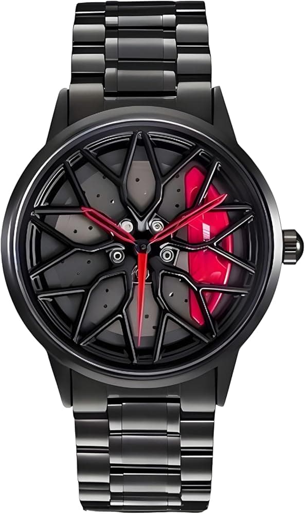 Men's Luxury Sports Watch with Wheel Design Dial, Black Stainless Steel Band, Red Accents
