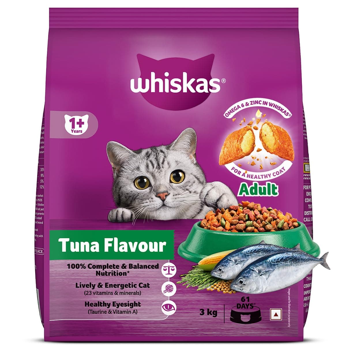Whiskas Adult (+1 year) Dry Cat Food, Tuna Flavour, 3Kg Pack Flavour : seafood