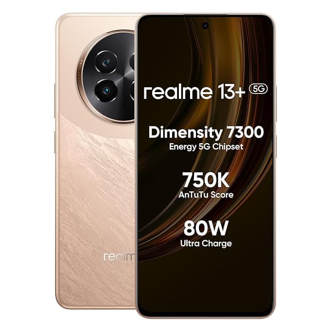realme 13+ 5G Smartphone 8+256GB Victory Gold, 6.67-inch Screen, 120Hz Display, 80W SuperVOOC, 5000mAh Battery, 50MP Camera, Dimensity 7300 Energy, IP65