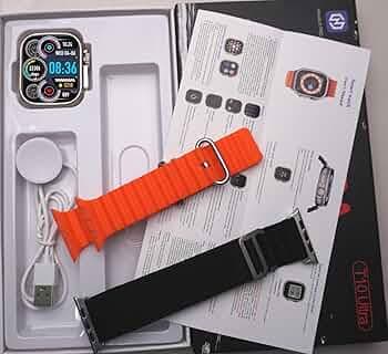 SSN Global T10 Ultra Premium, Dual Strap, Series 8, ECG, AI Voice, Wireless Charging Smartwatch (Black, Orange Strap, Free Size)