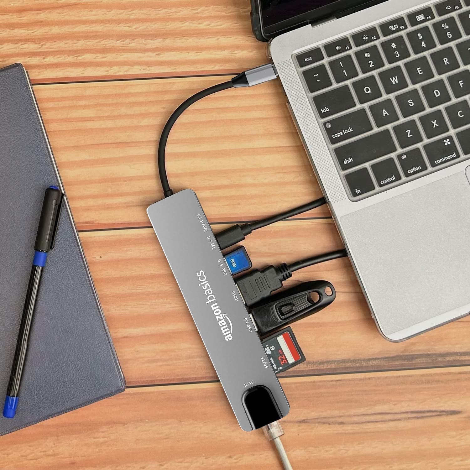 Amazon Basics USB-C Hub Dock 8-in-1 HDCP Aluminium Type-C Adapter with 4K HDMI Port, Ethernet 100mbps Port, USB 3.0 Port, USB-C Power Delivery, TF/SD Card Reader, Mac & Windows USB-C Devices
