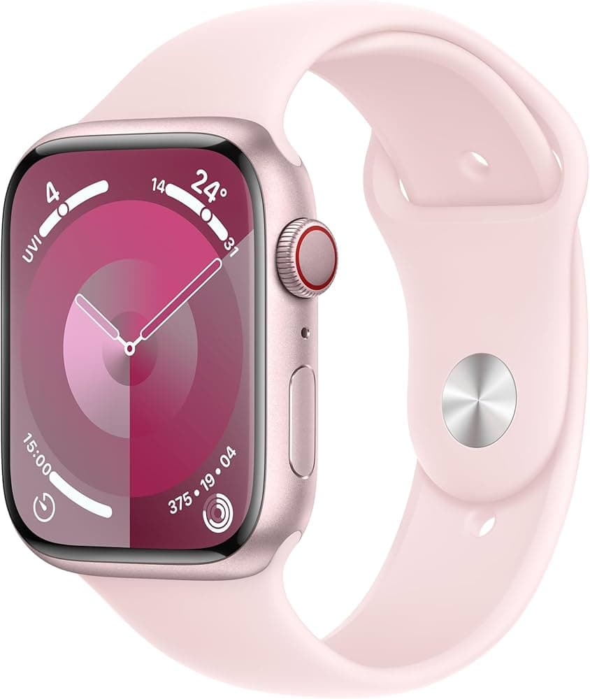 Apple Watch Series 9 [GPS + Cellular 45mm] Smartwatch with Pink Aluminum Case with Light Pink Sport Band M/L. Fitness Tracker, Blood Oxygen & ECG Apps...
