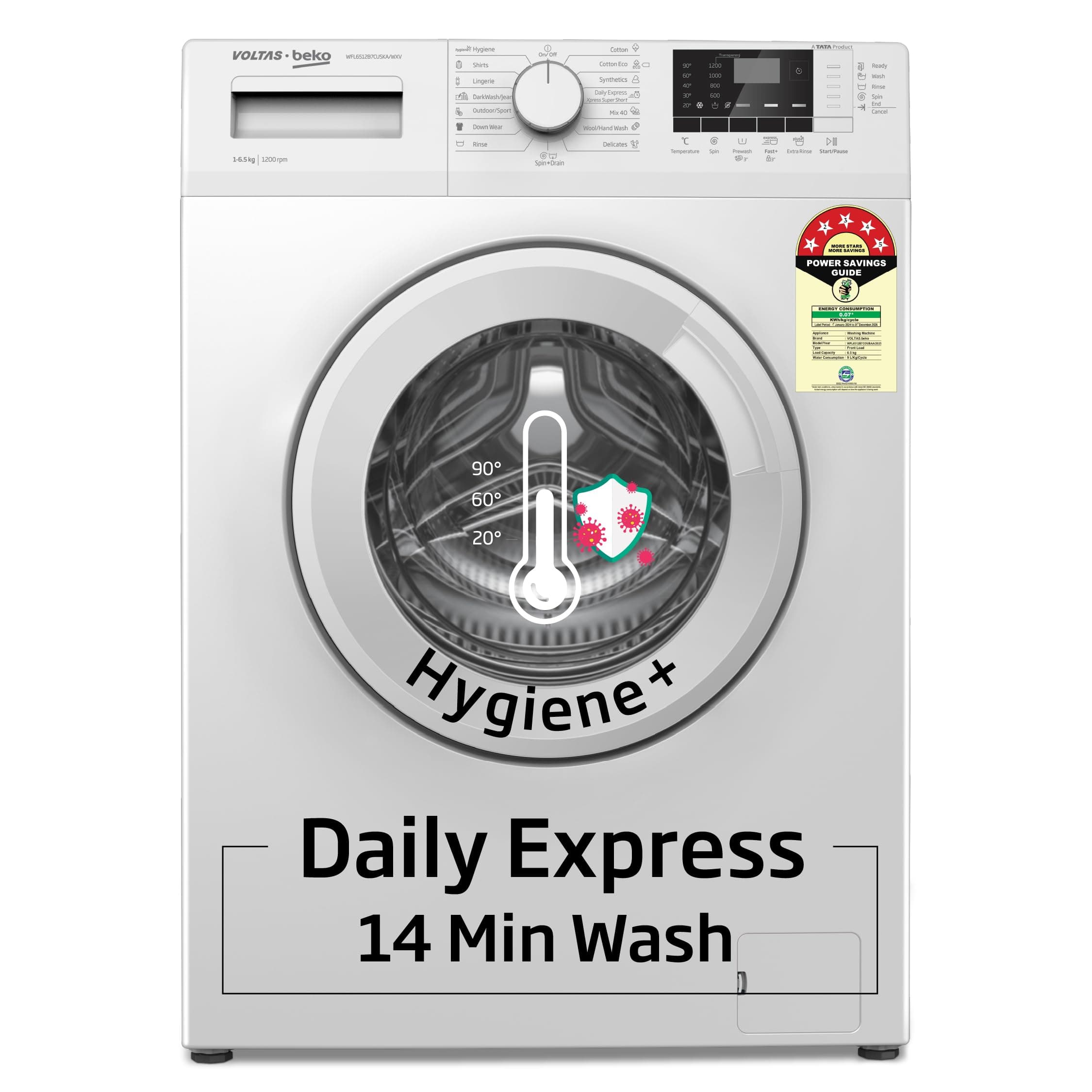 Voltas Beko, A Tata Product 6.5 KG 5 Star Fully Automatic Front Load Washing Machine with Hygiene wash (WFL6512B7COUBAA/WWV, White)