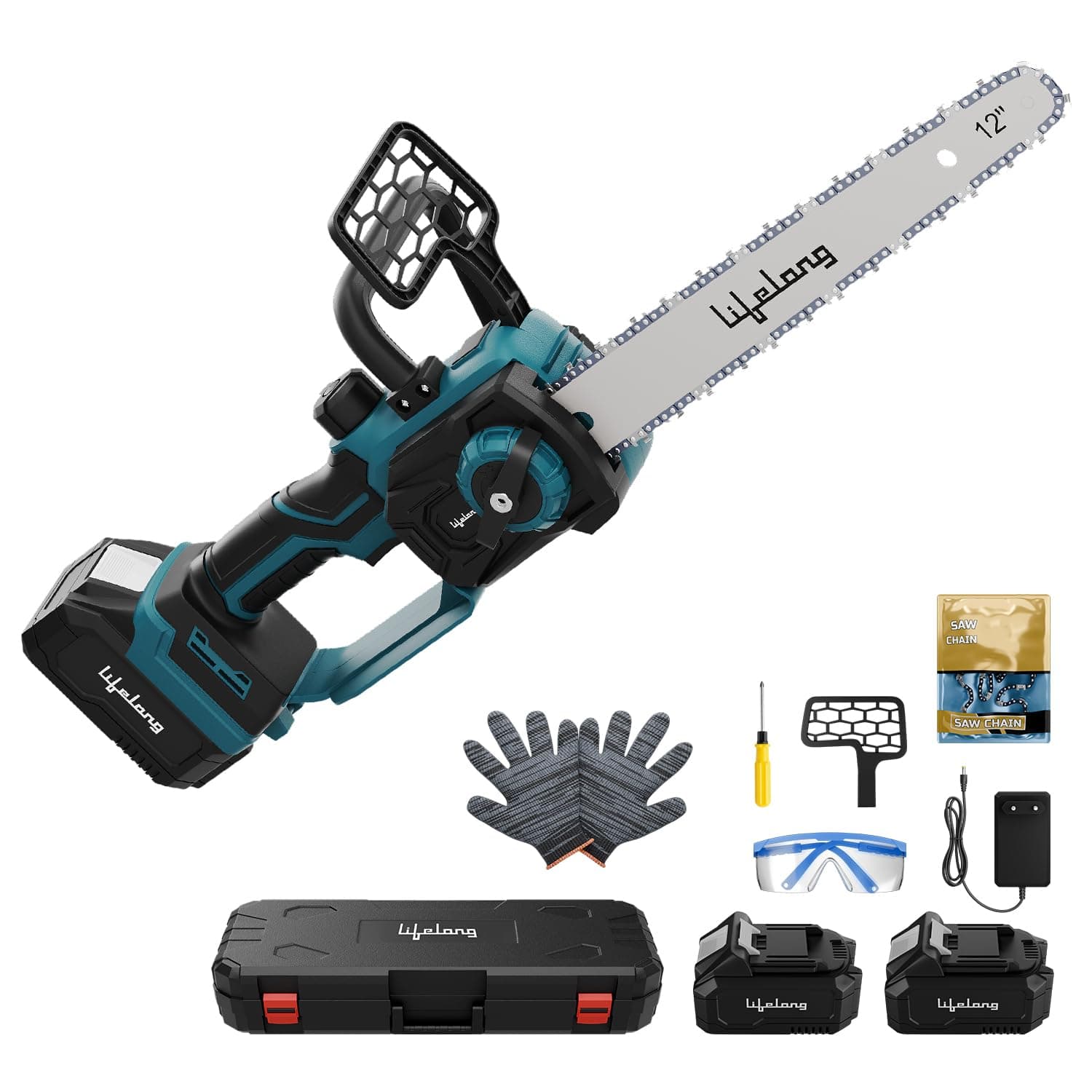 Lifelong 21V Cordless Chainsaw Machine | Brushless Motor | 12" Guide Bar | 5000 RPM | 2 x 4.0Ah Batteries | Tree Cutter Tool | Wood Cutting Machine Ho...